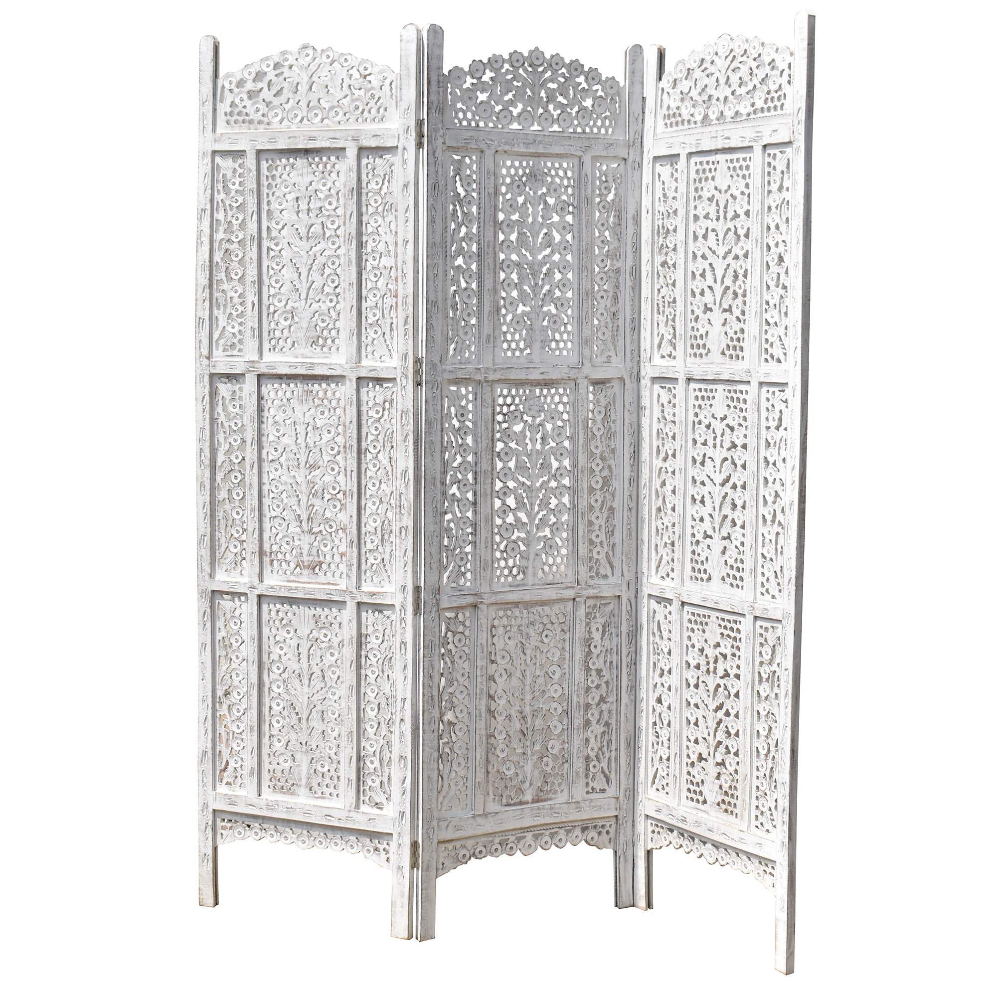 Wooden Antique White Partition Screen | Handcrafted Room Divider with Elegant Design