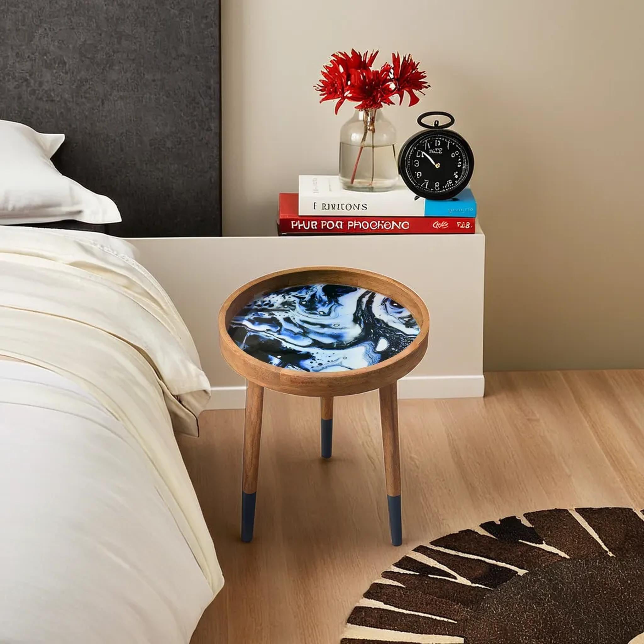 Galaxy Blue Decal work Round Side Wooden Table
