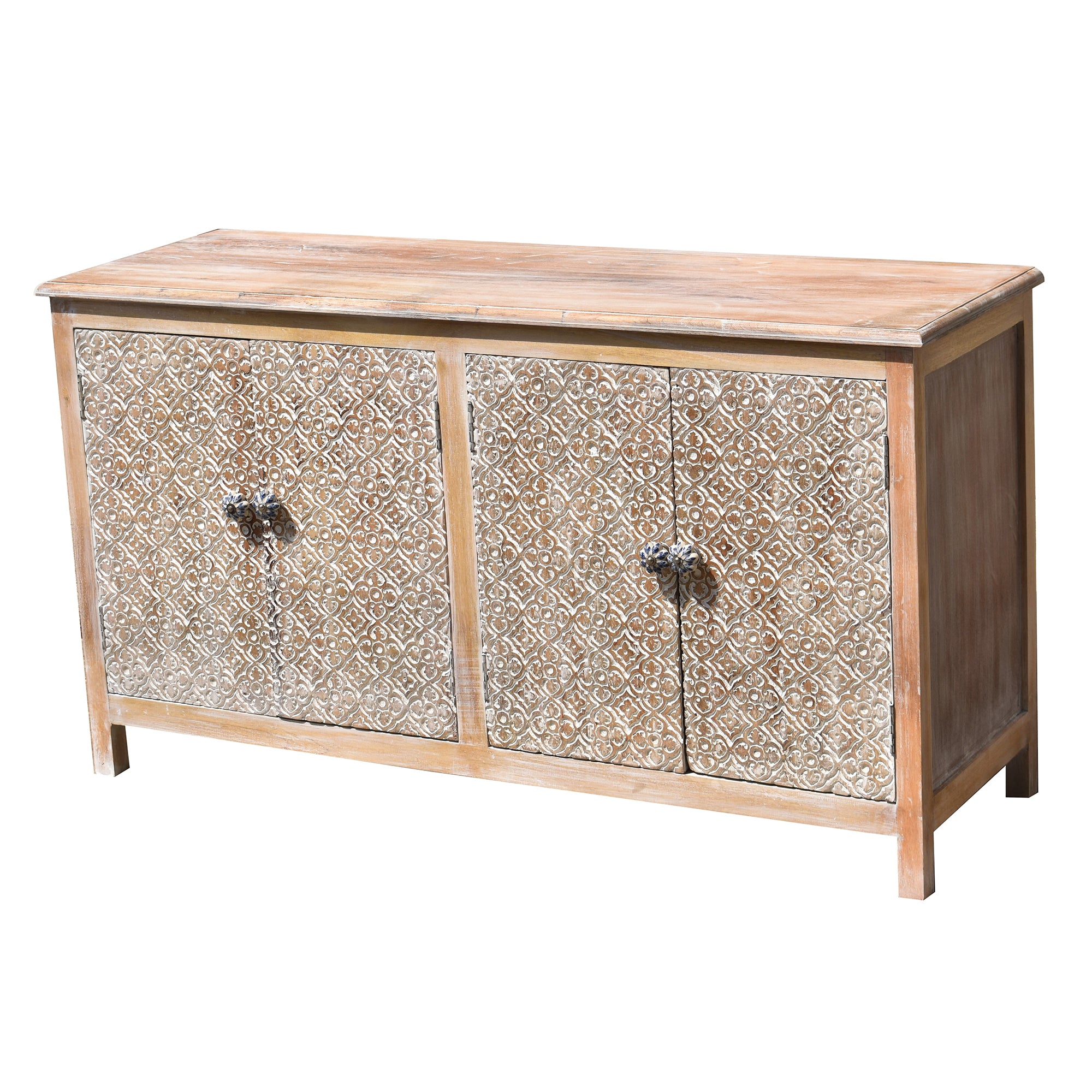 Wooden Carved Cabinet with White Antique Finish | Handcrafted Storage Cabinet