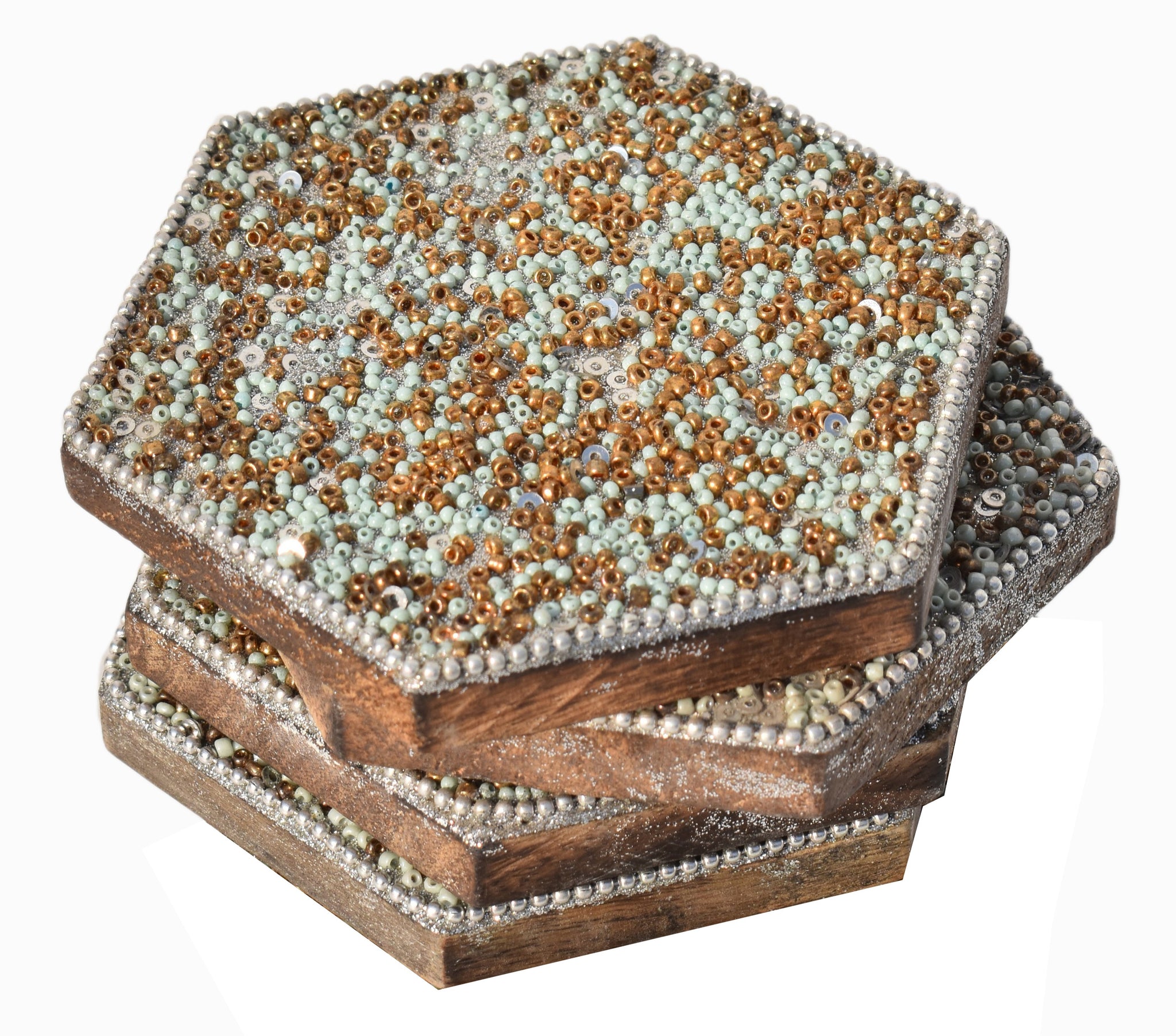 Golden & Light Green Beads Wooden Handmade Hexagon Coaster Set (10x10cm) for Home, Office Table, Gift (Pack of 4)
