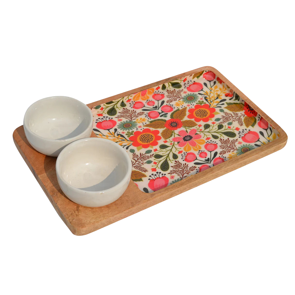 Wooden Decal Serving Platter  With Two Ceramic Bowl