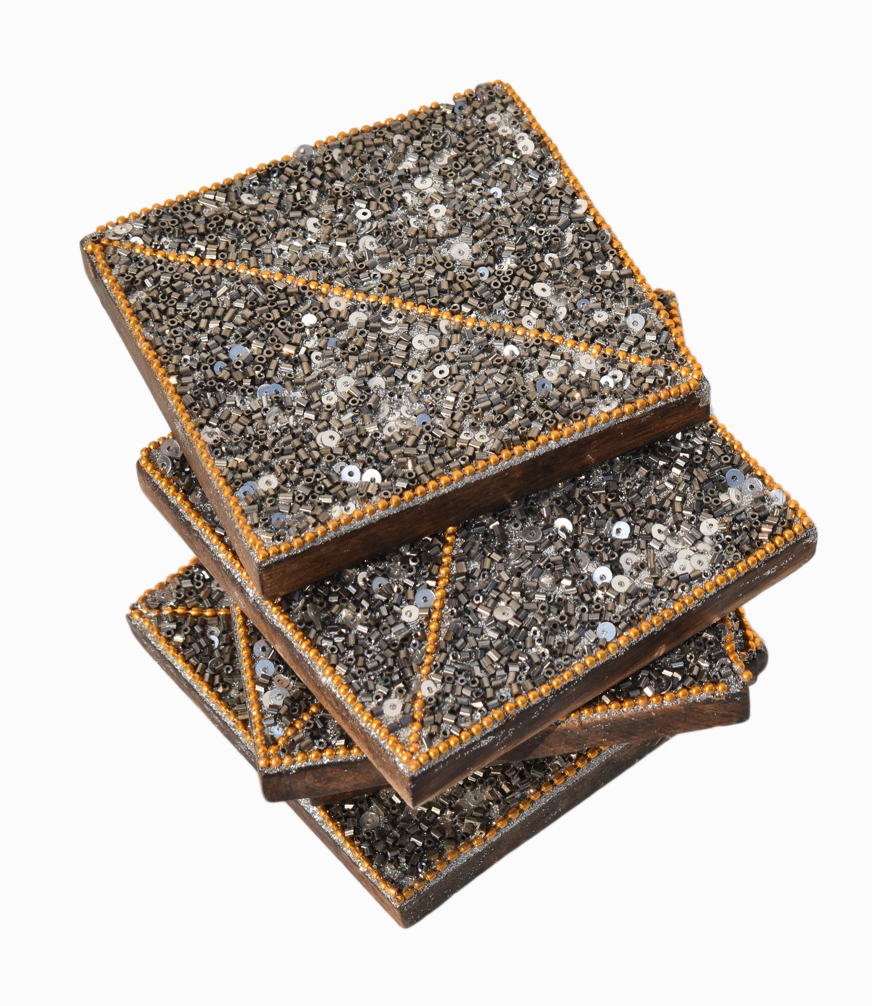 Sparkle Gray Beads Wooden Handmade Square Coaster Set (10x10cm) for Home, Office Table, Gift (Pack of 4)