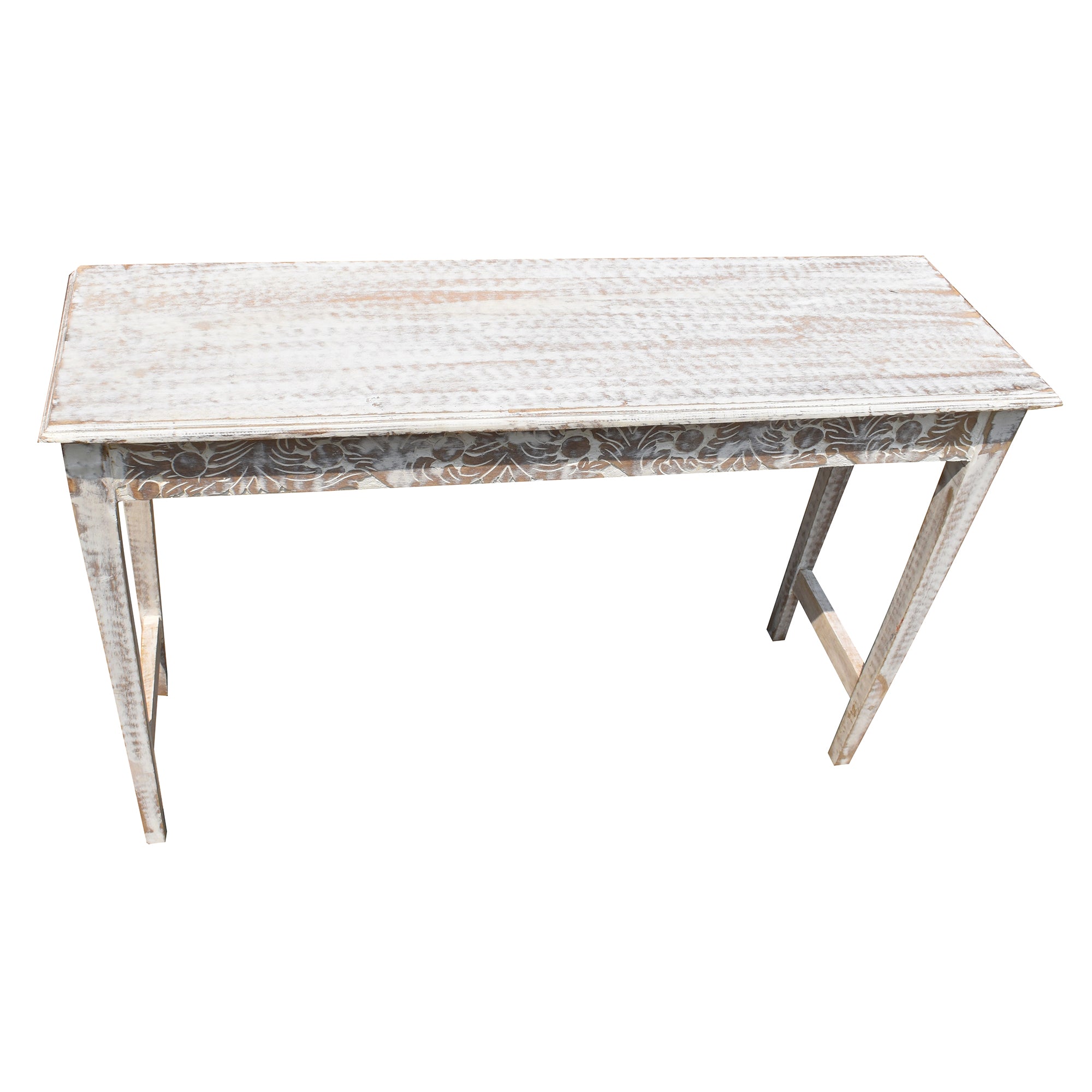 Sleek white distressd  Wooden Carved Console