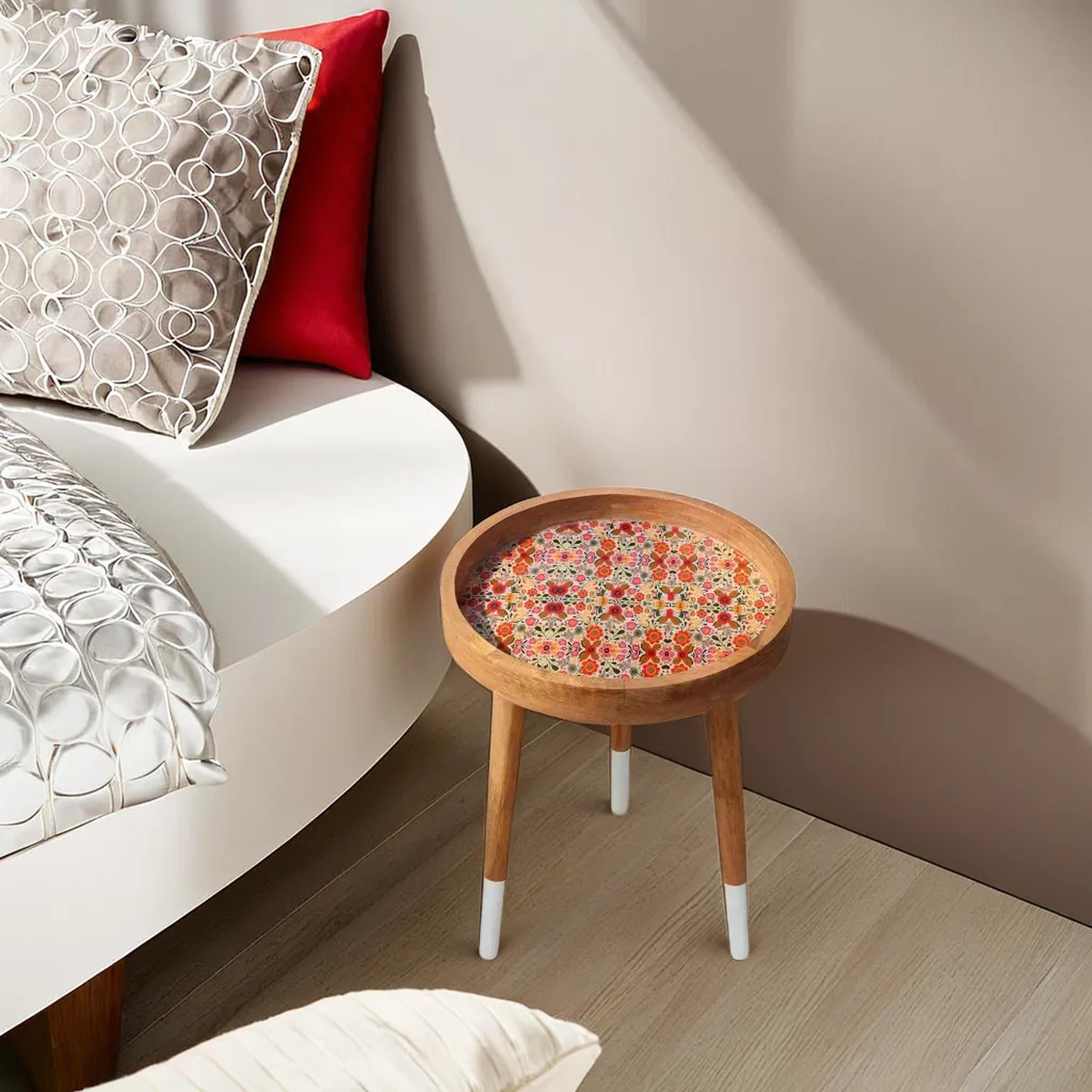 Wooden Leafs dense  Decal work Round Side Table