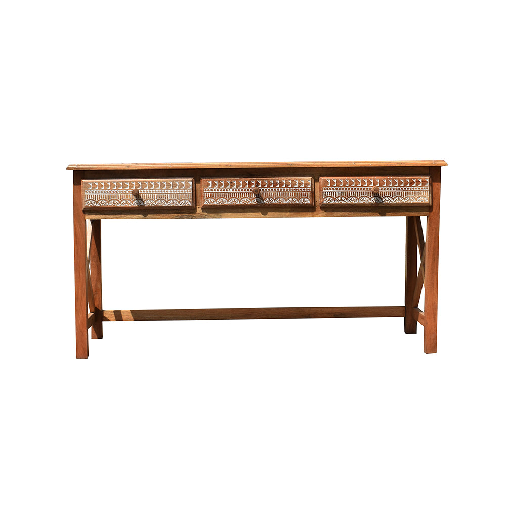 Wooden Carved Console Table with 3 Drawers | Handcrafted Design | Size: 62 x 17 x 32 Inches