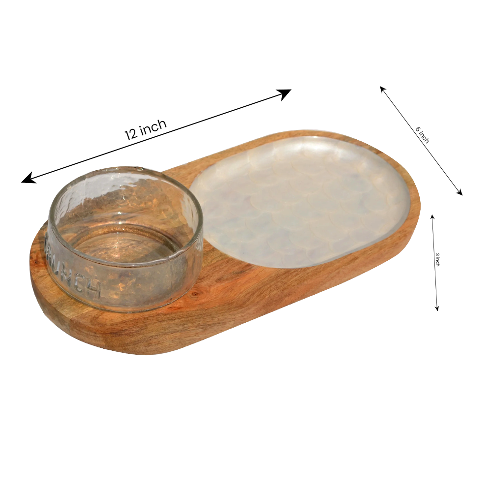 Wooden Decal Ovel Serving Platter with Glass Dip Bowl