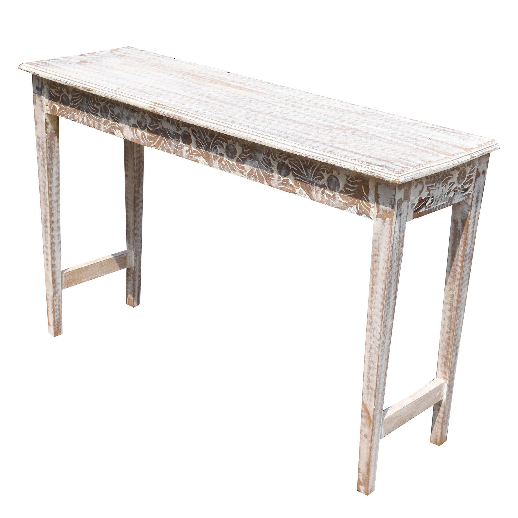 Sleek white distressd  Wooden Carved Console