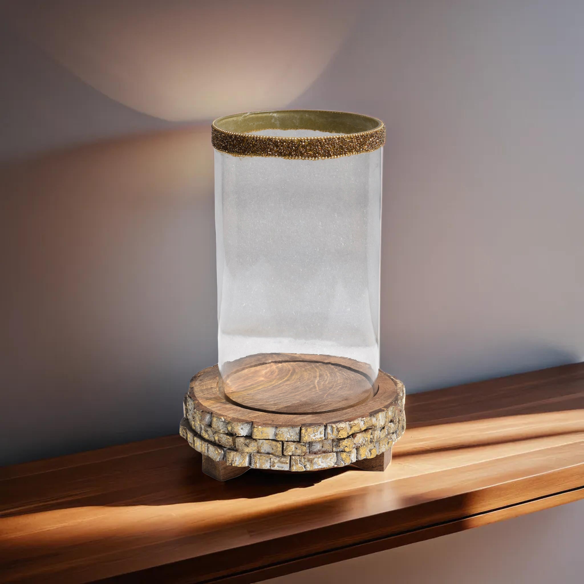 Wooden Board Candle Holder with Hurricane Glass | Rustic Home Decor Accent