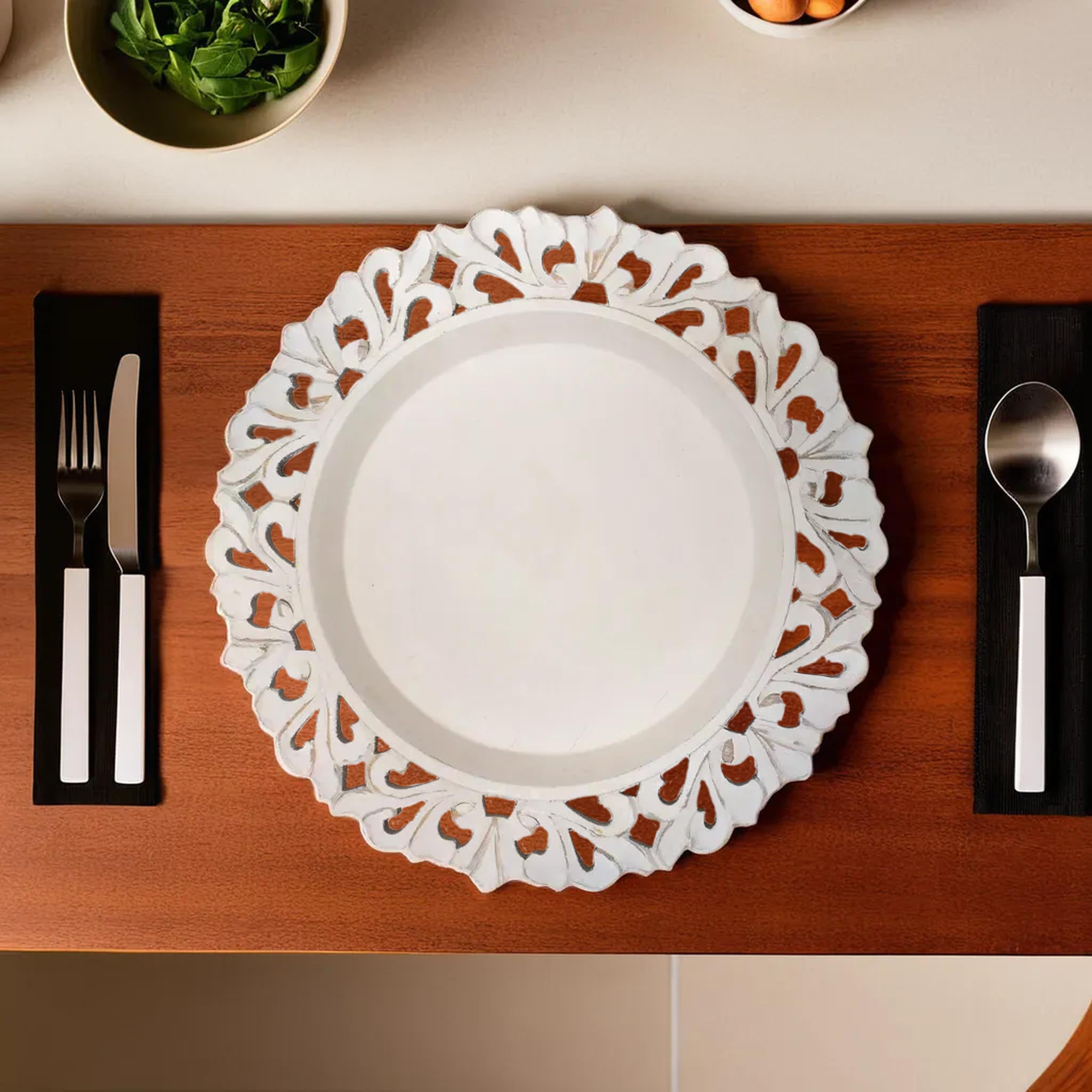 White Wooden Plate with Ornate Cutouts Handmade Table Top Plates