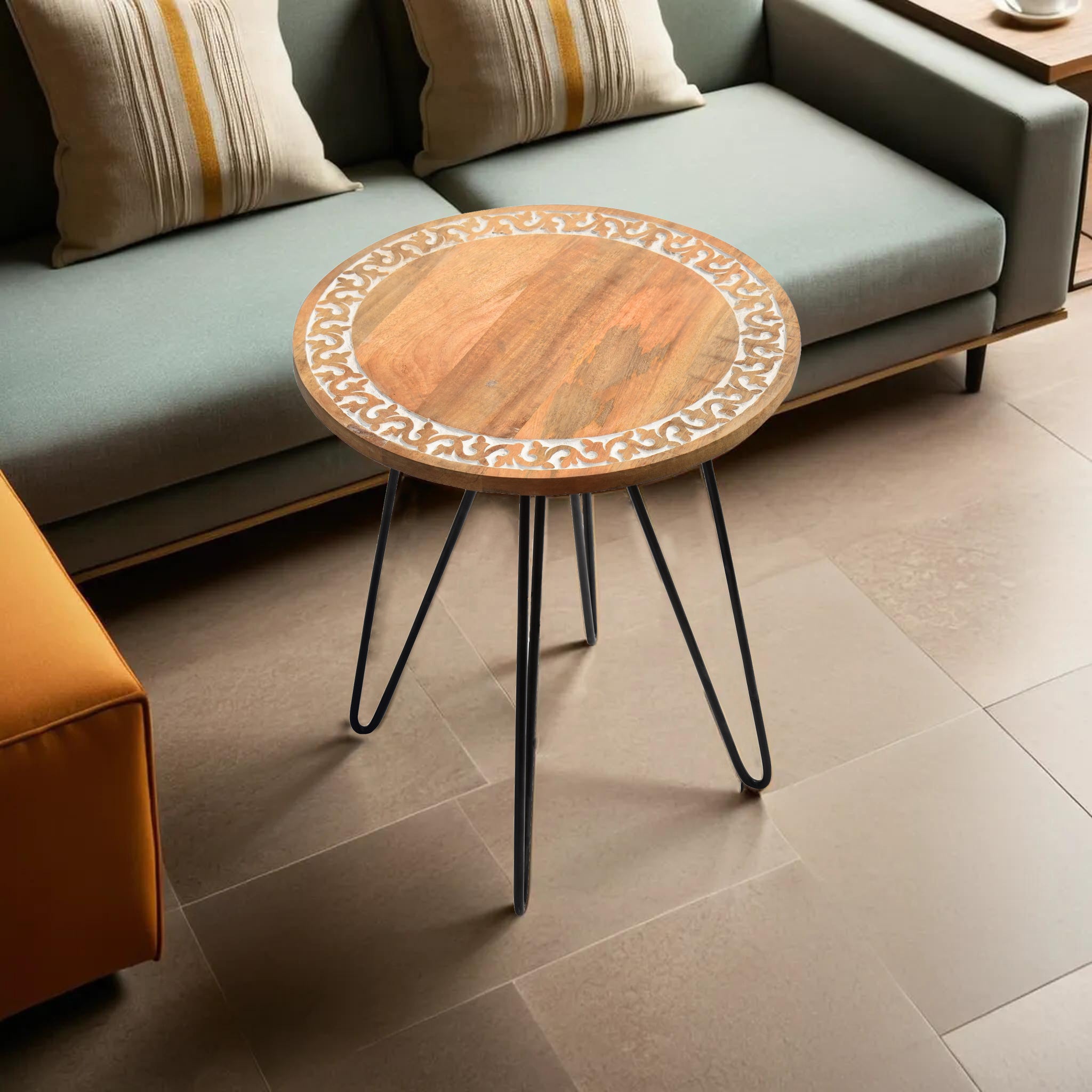 Handcrafted Wooden Table with Iron Metal Legs - Stylish 16x16x19 Inch Rustic Furniture