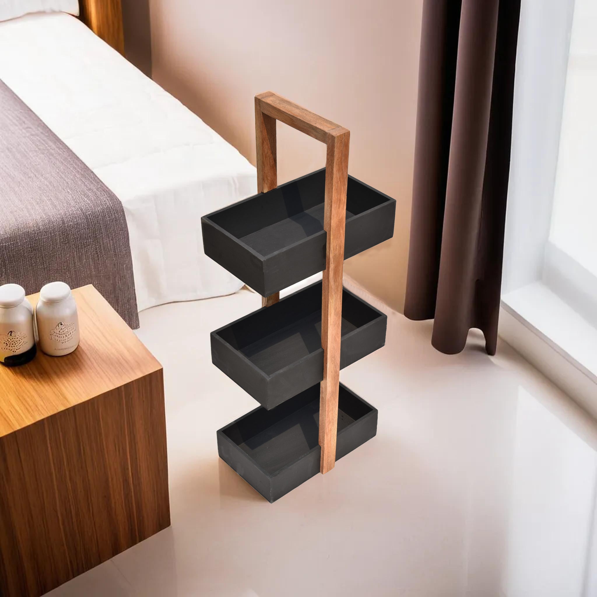 Straight black  3 Tiers Wooden Storage Organizer rack