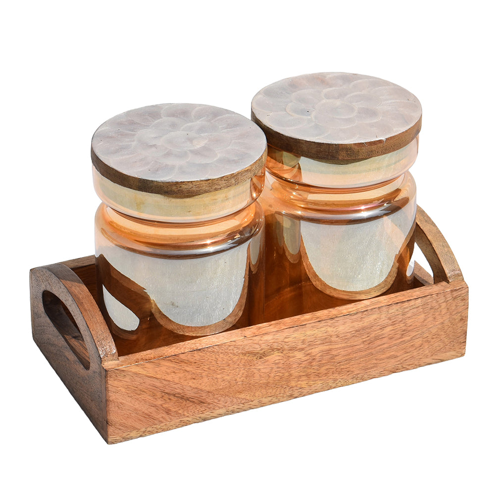 Wooden Tray with Glass Jars | Rustic Kitchen Decor | 2 jars