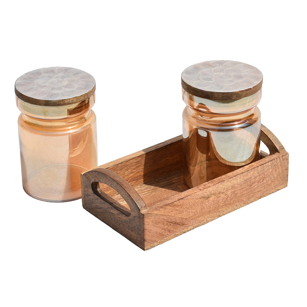 Wooden Tray with Glass Jars | Rustic Kitchen Decor | 2 jars