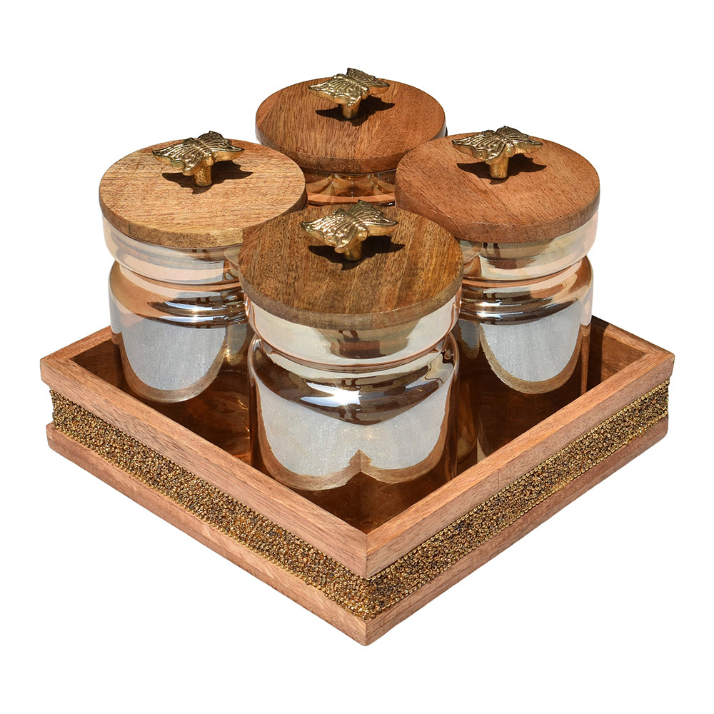 Wooden Tray with Glass Jars | Rustic Kitchen Decor | 4 Jars