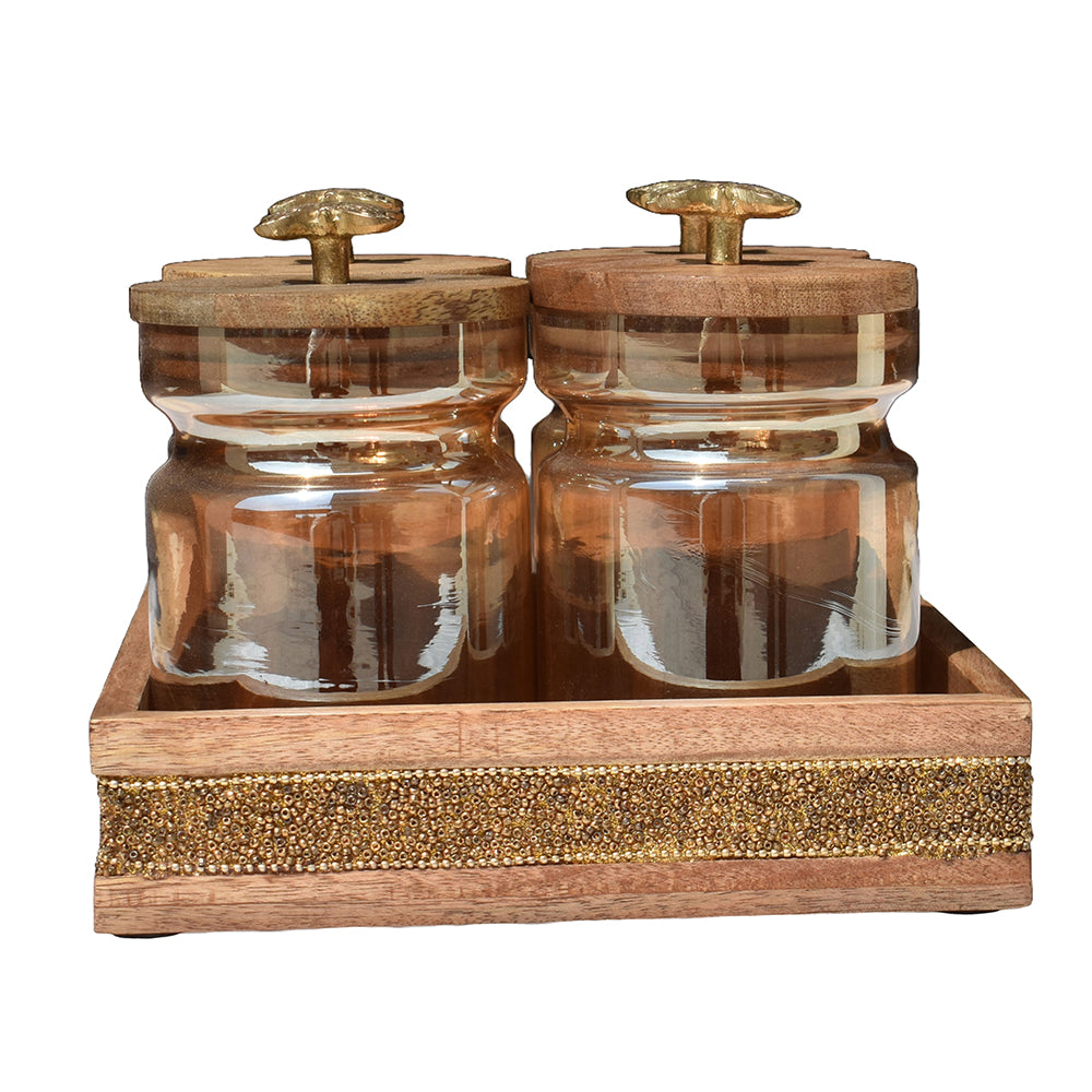 Wooden Tray with Glass Jars | Rustic Kitchen Decor | 4 Jars