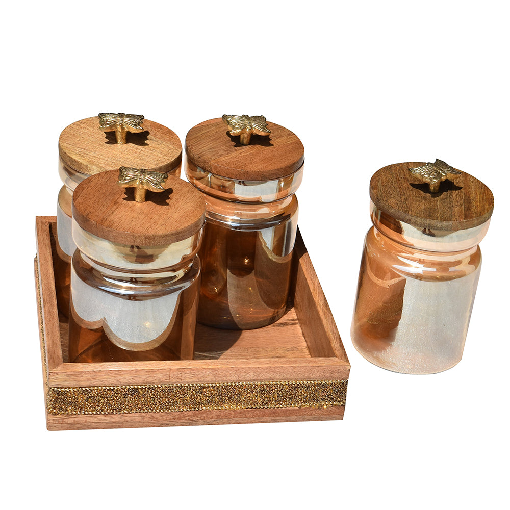 Wooden Tray with Glass Jars | Rustic Kitchen Decor | 4 Jars