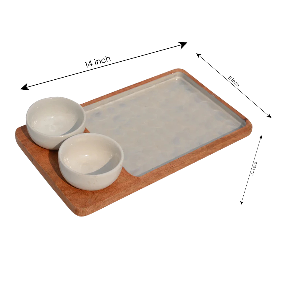 Wooden Decal Serving Platter  With Two Ceramic Bowl