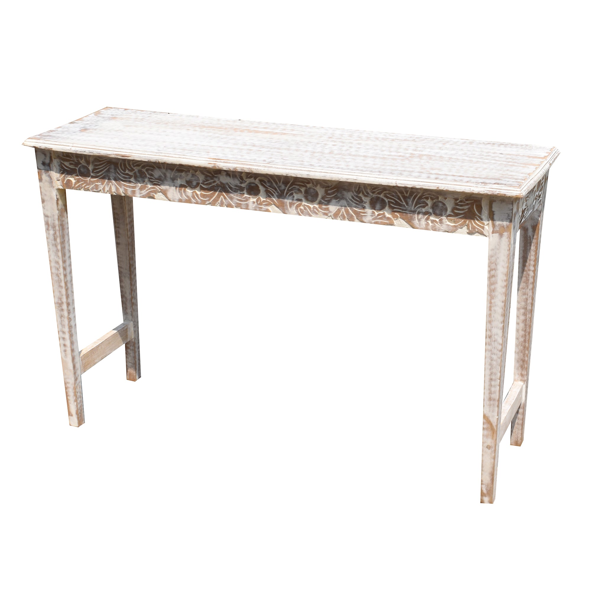 Sleek white distressd  Wooden Carved Console