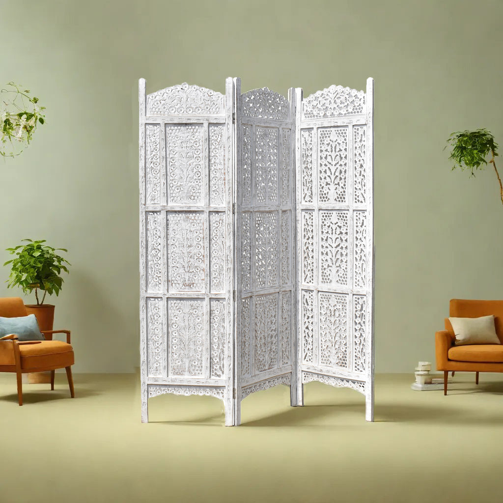 Wooden Antique White Partition Screen | Handcrafted Room Divider with Elegant Design