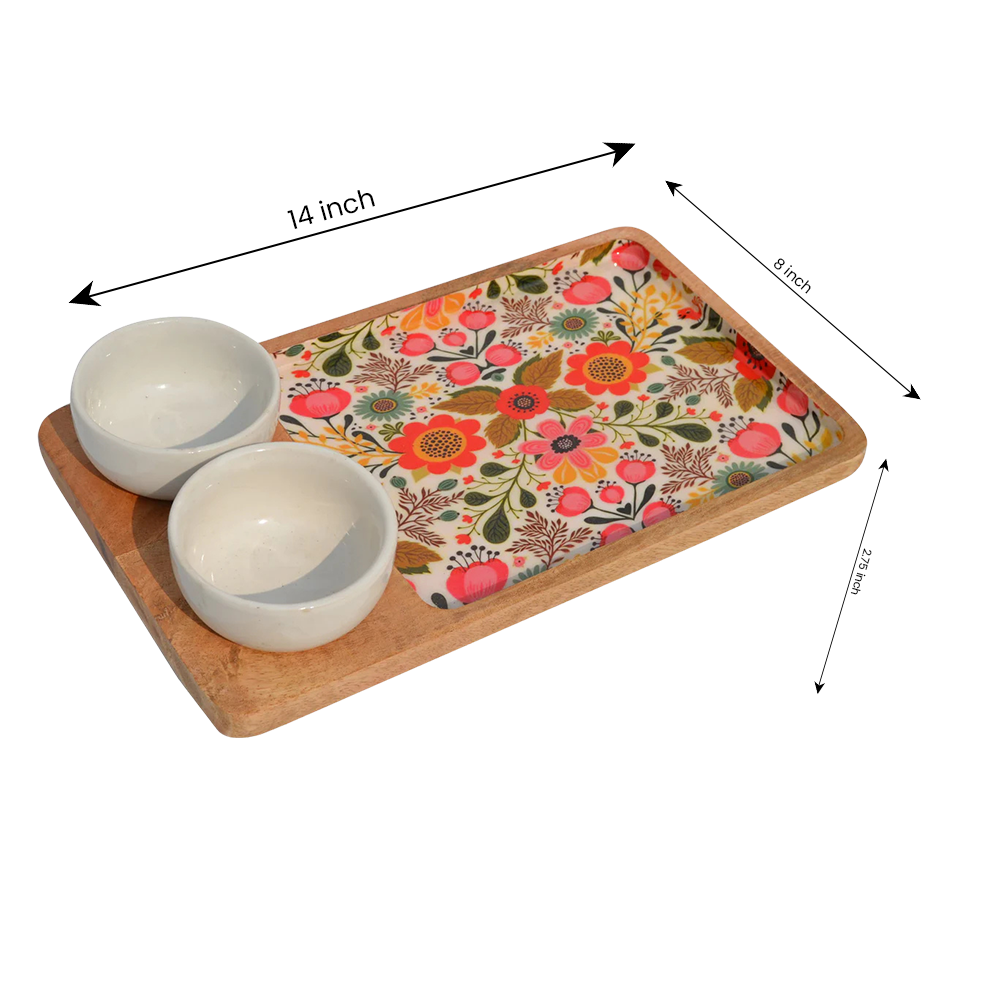 Wooden Decal Serving Platter  With Two Ceramic Bowl