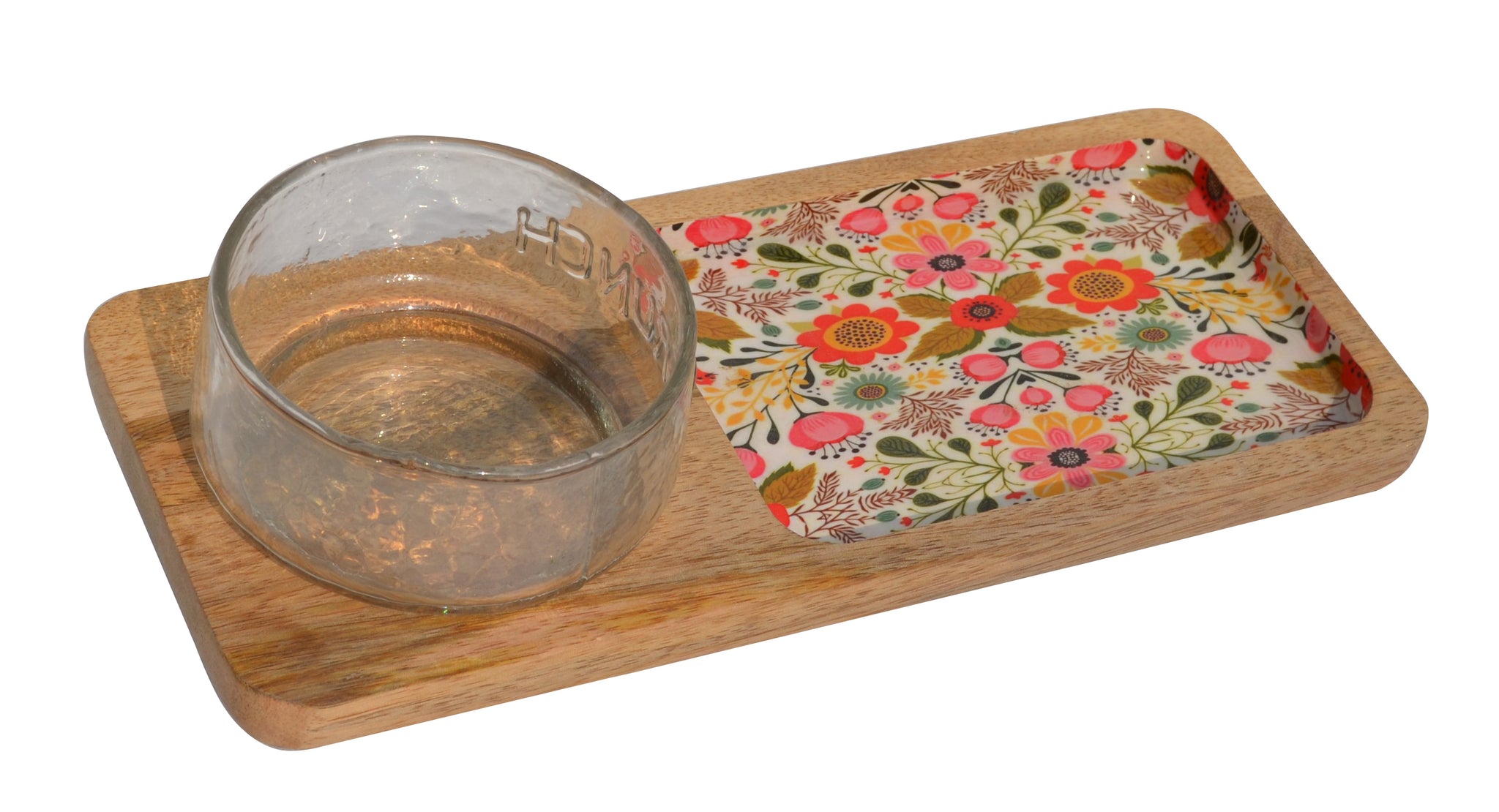 Wooden Decal Serving Platter with Glass Dip Bowl