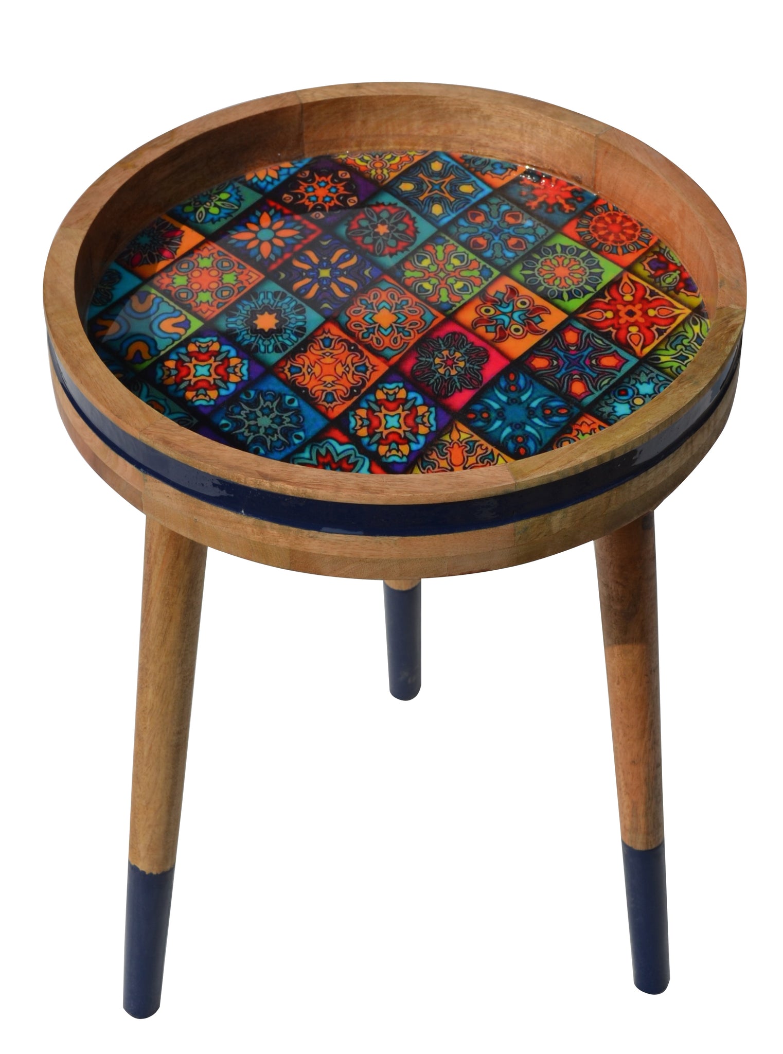 Checkered Decal work Round Side Wooden Table