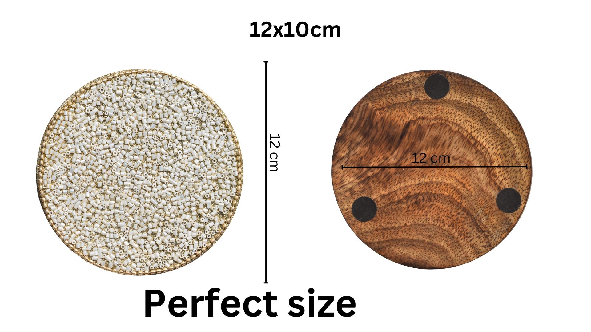 White Beads Wooden Handmade Round Coaster Set (10x10cm) for Home, Office Table, Gift (Pack of 4)
