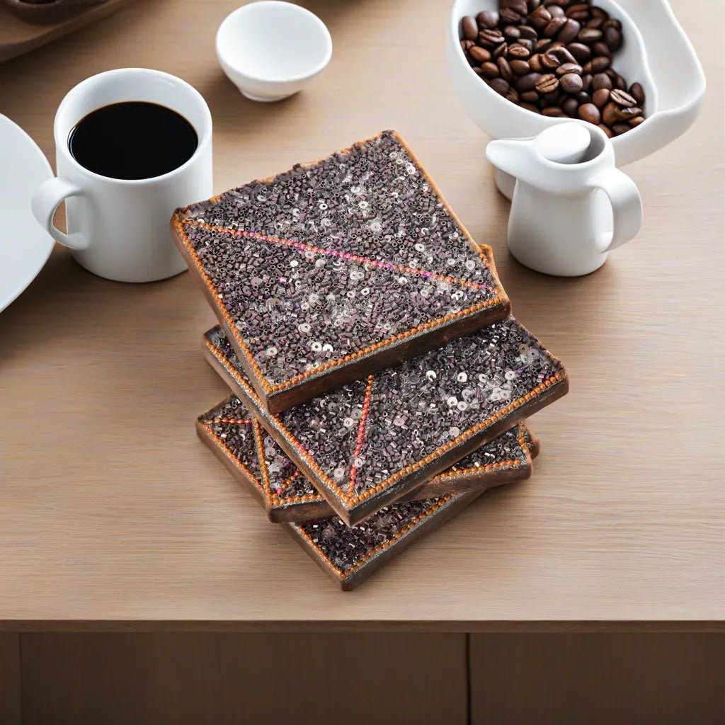 Sparkle Gray Beads Wooden Handmade Square Coaster Set (10x10cm) for Home, Office Table, Gift (Pack of 4)