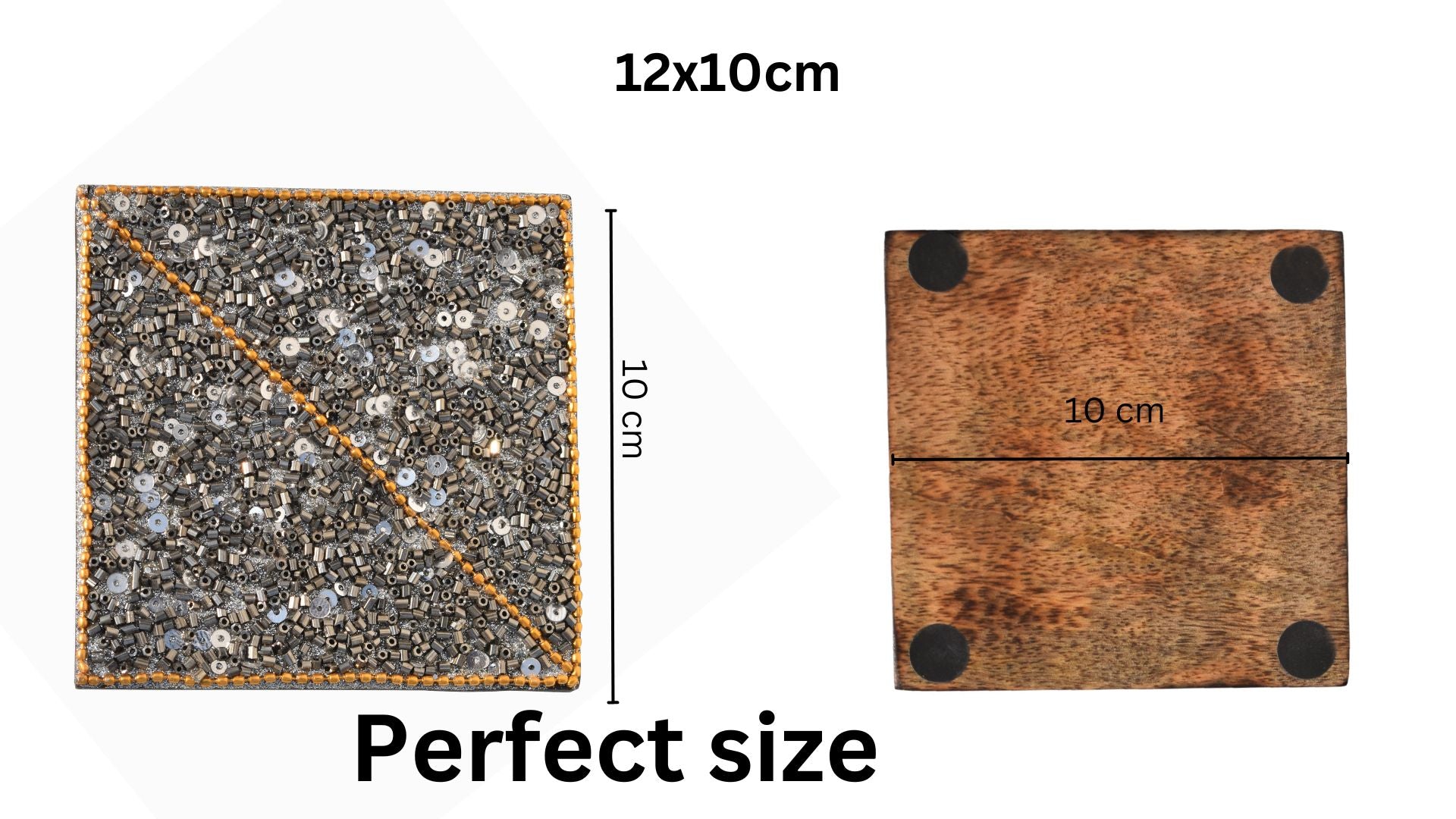 Sparkle Gray Beads Wooden Handmade Square Coaster Set (10x10cm) for Home, Office Table, Gift (Pack of 4)