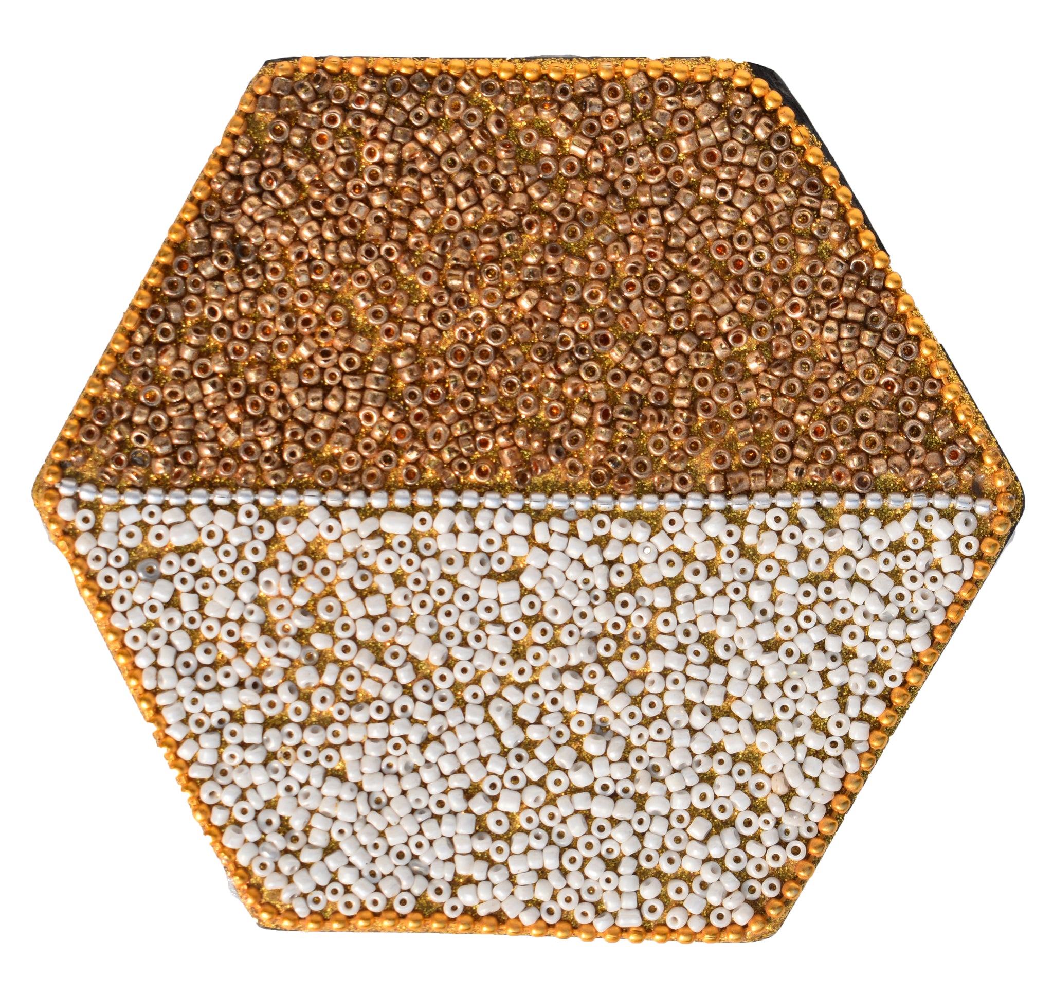 White & Golden Beads Wooden Handmade Hexagon Coaster Set of 4 (10x10cm) for Home, Office Table, Gift (Pack of 4)