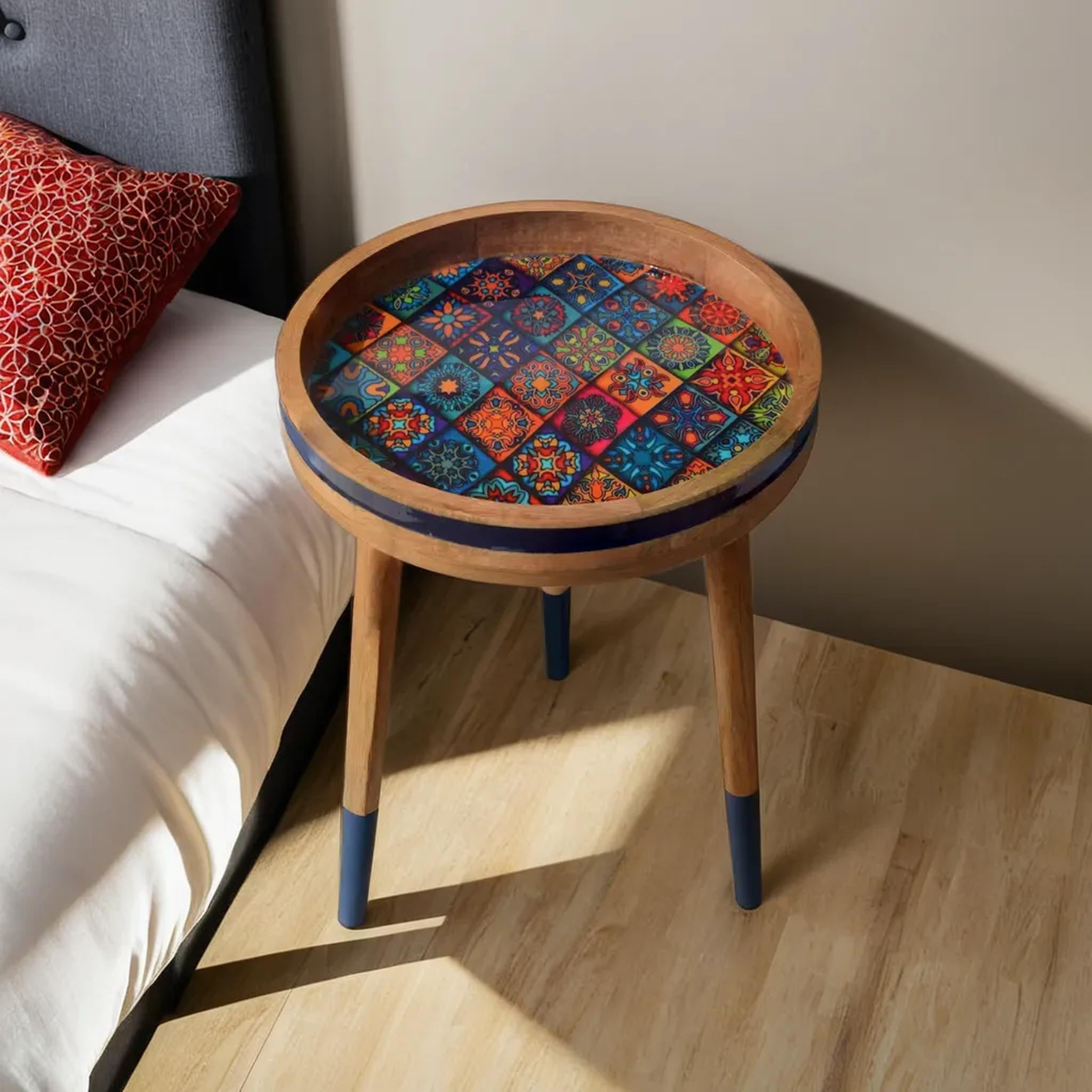 Checkered Decal work Round Side Wooden Table