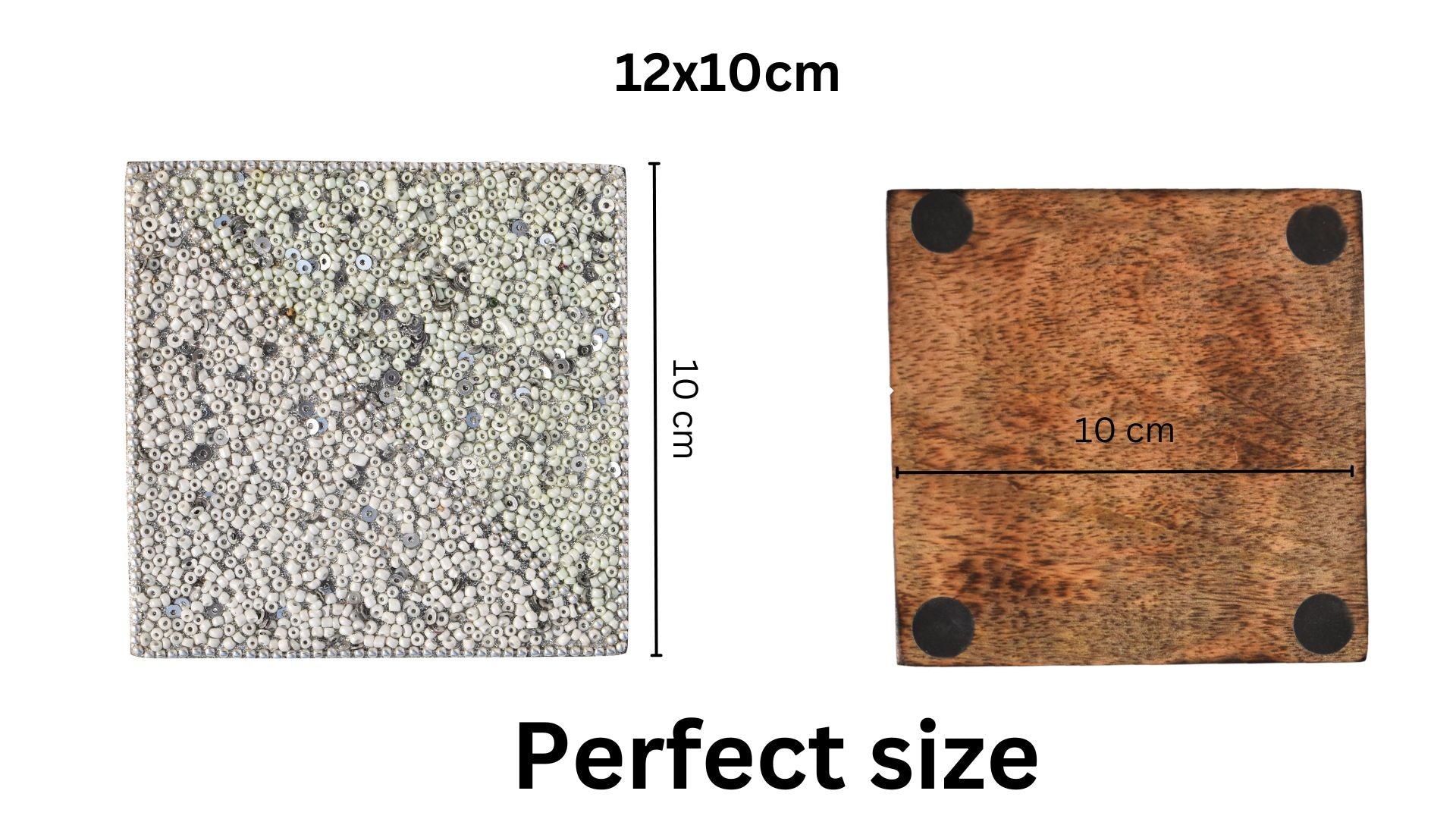 White Beads Wooden Handmade Square Coaster Set (10x10cm) for Home, Office Table, Gift (Pack of 4)
