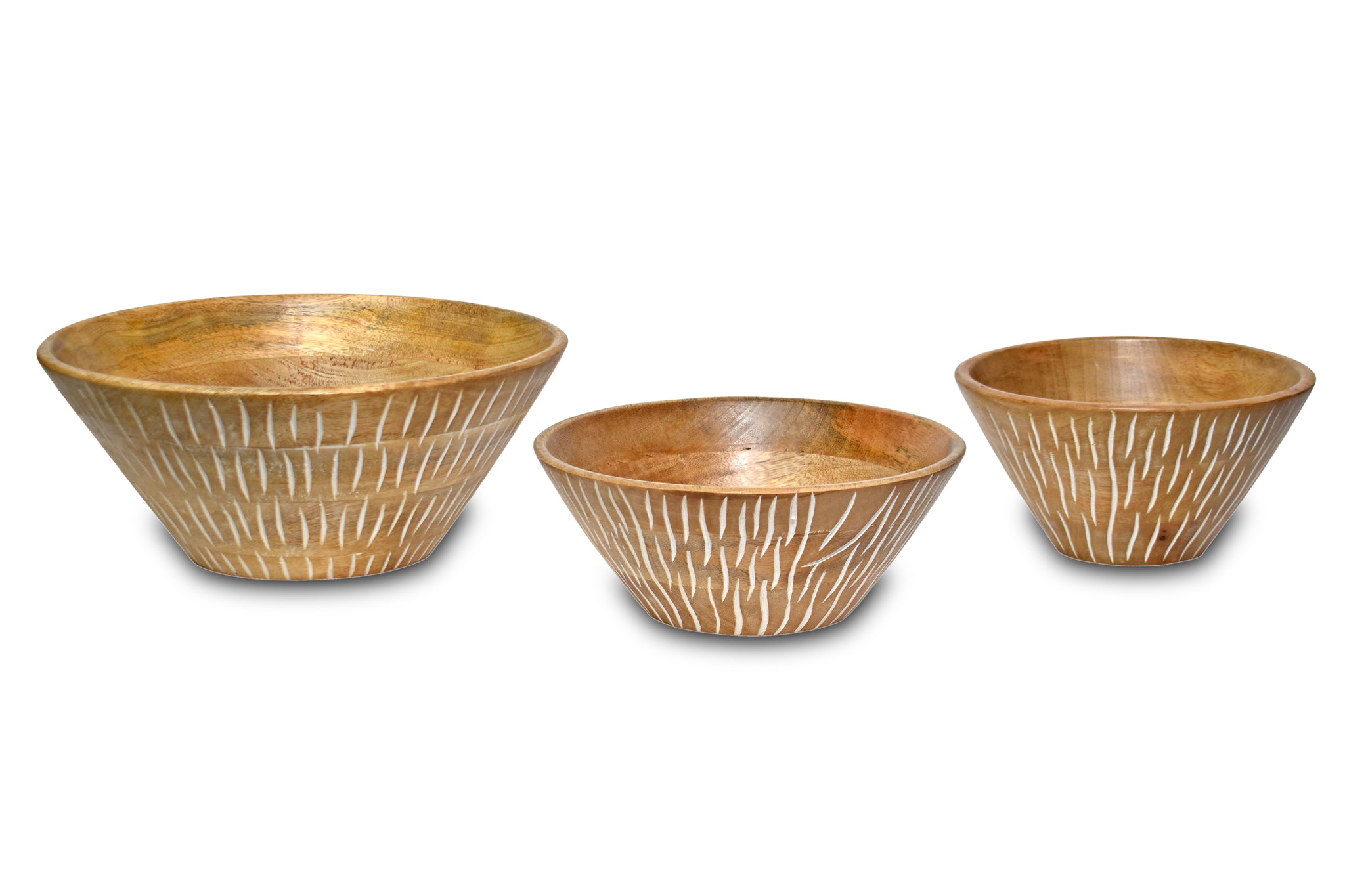 Vertical white carved Wooden  Bowl S/3 with servers