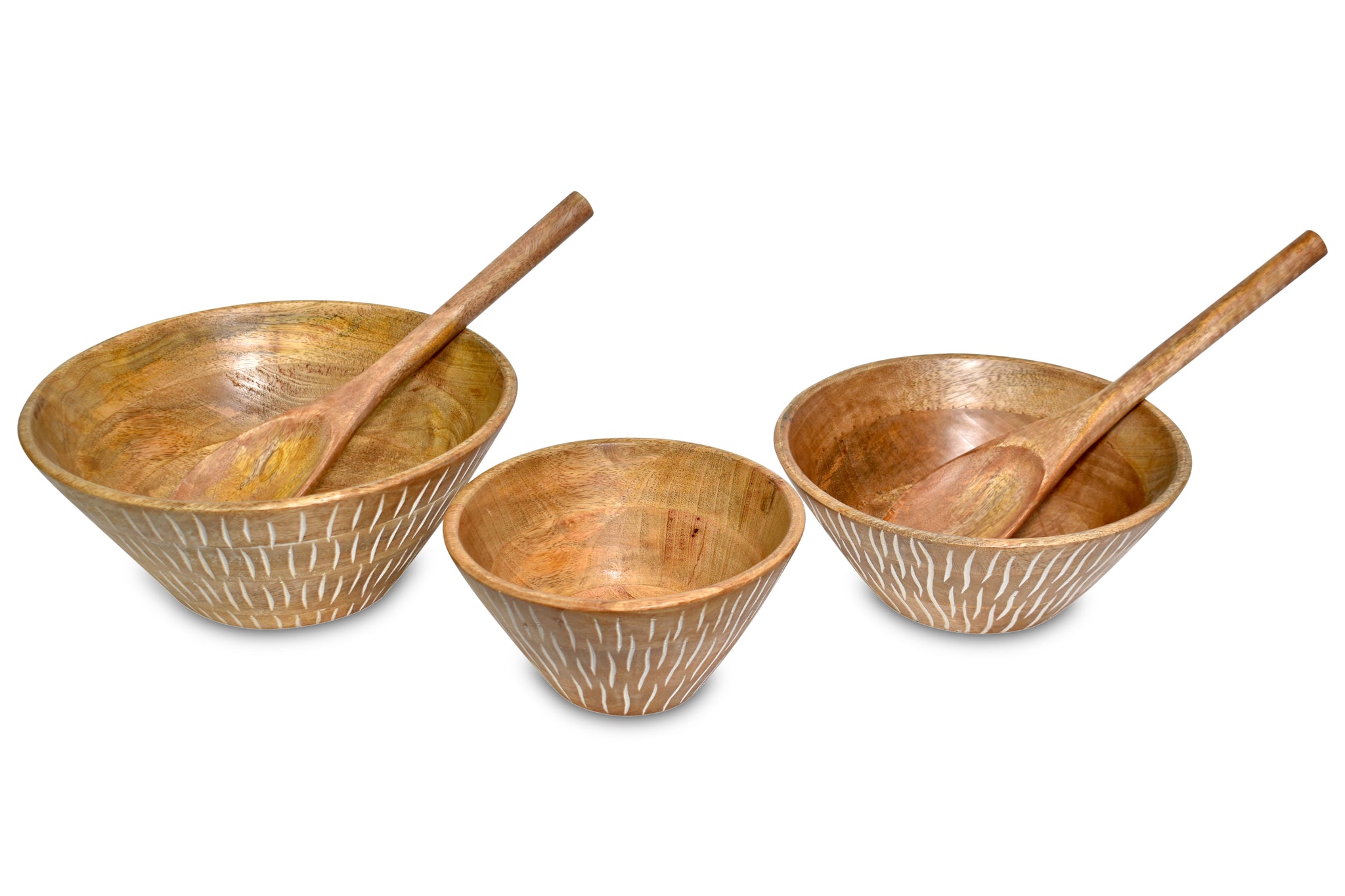 Vertical white carved Wooden  Bowl S/3 with servers