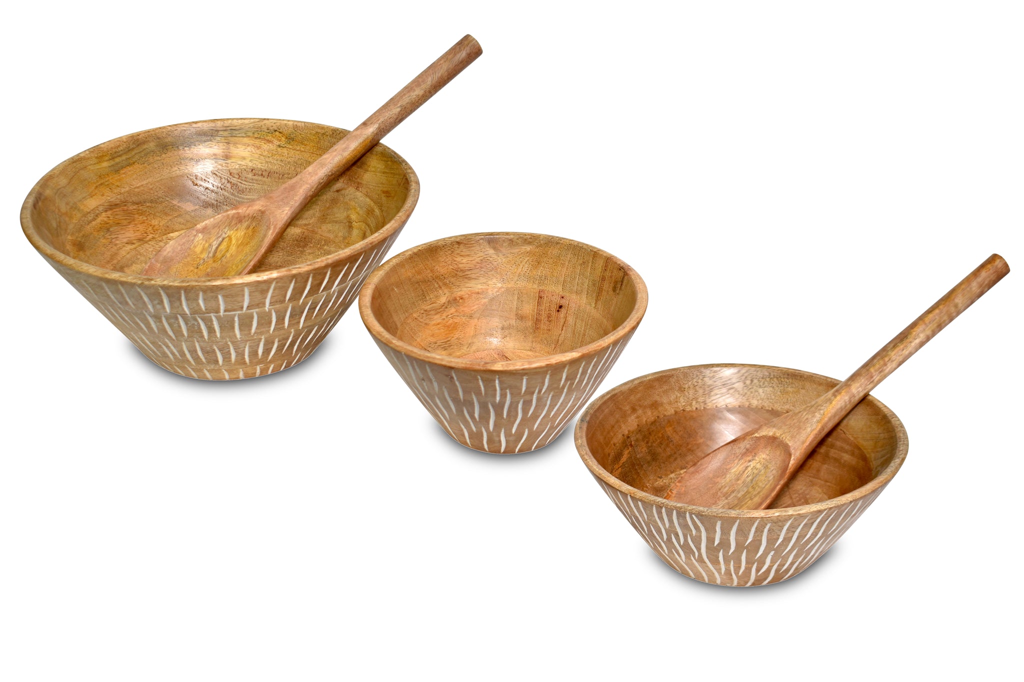 Vertical white carved Wooden  Bowl S/3 with servers