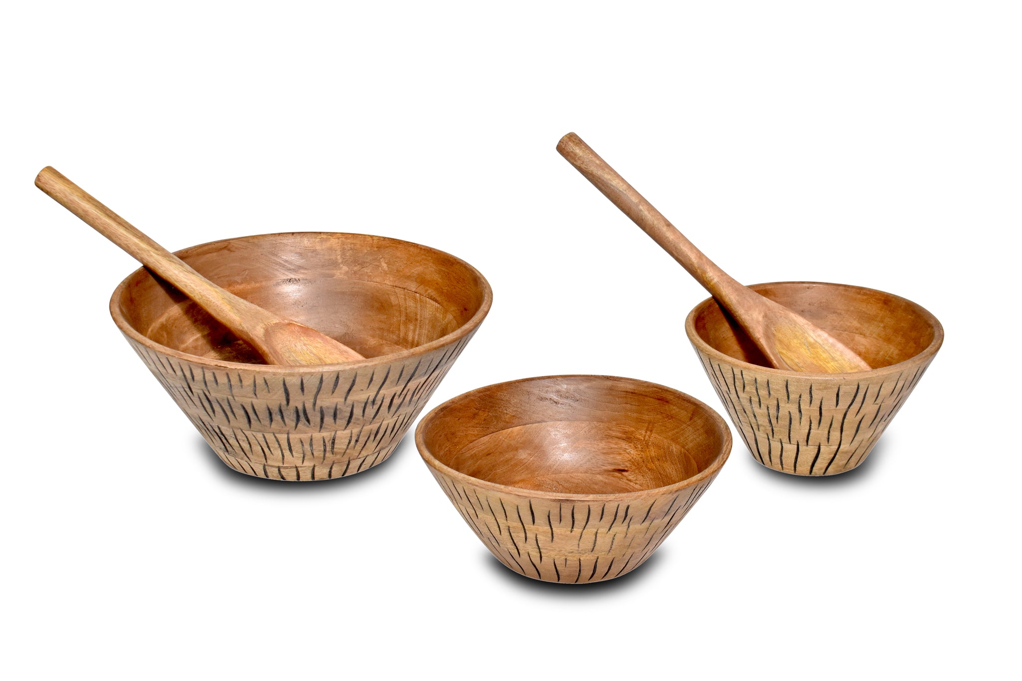 Vertical black  carved Wooden  Bowl S/3 with serers