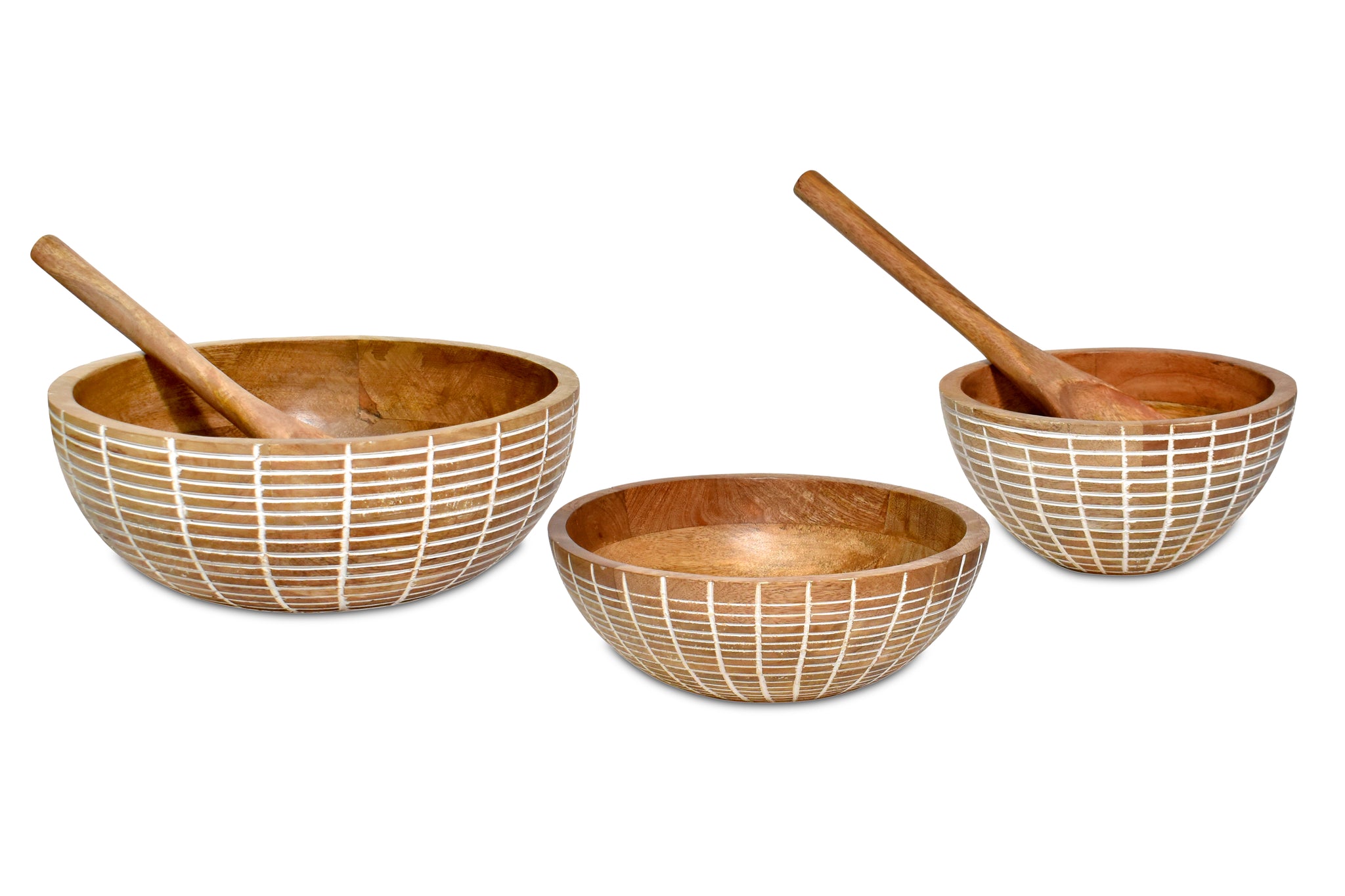 Cross lines carved wooden  Bowl S/3 with servers