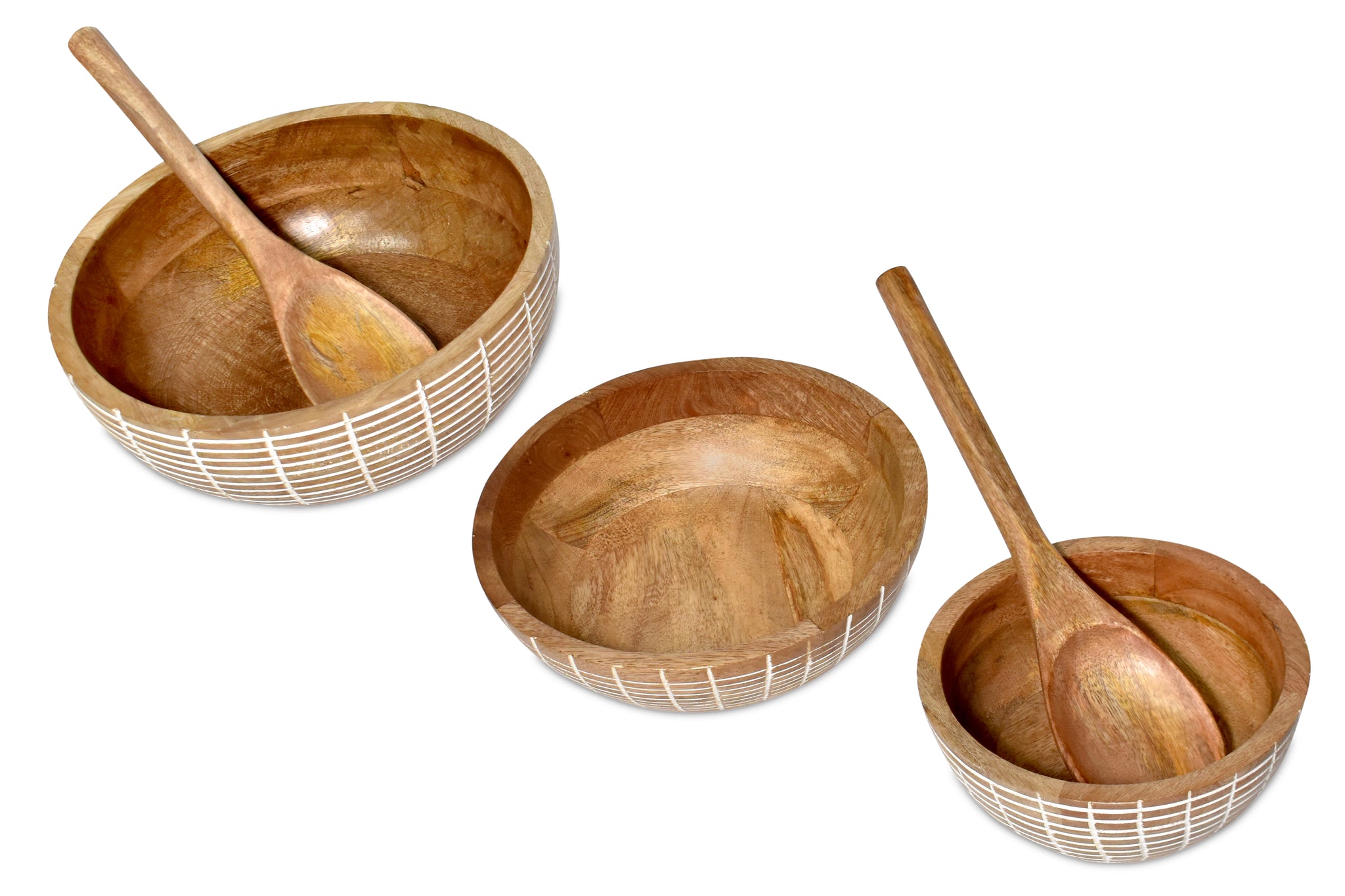 Cross lines carved wooden  Bowl S/3 with servers