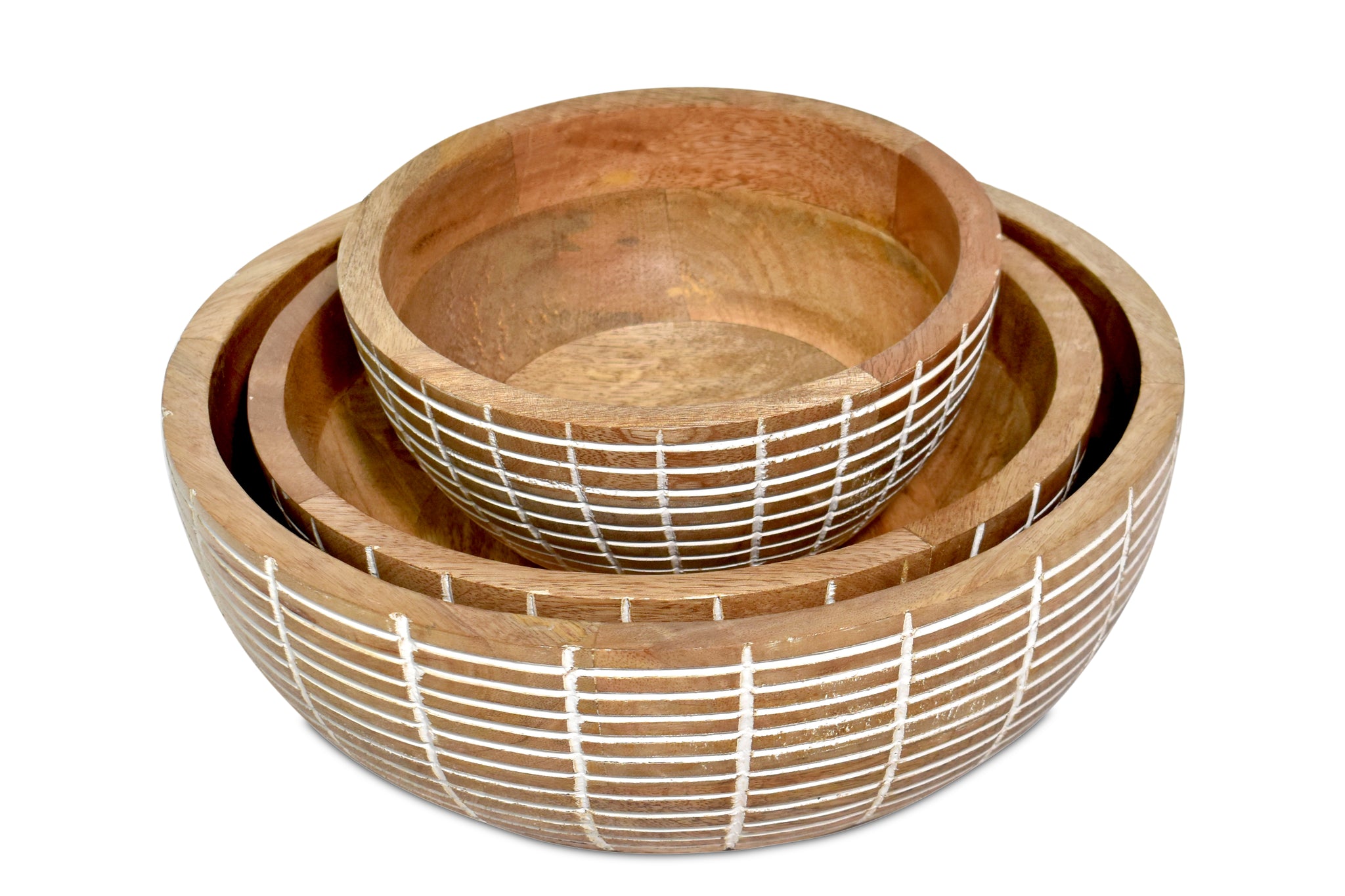 Cross lines carved wooden  Bowl S/3 with servers
