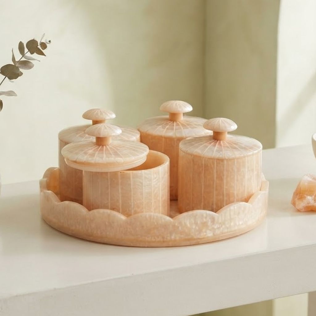 Wooden Resin Dry Fruit Container Set | 4 Airtight Jars with Tray | Modern Storage Solution