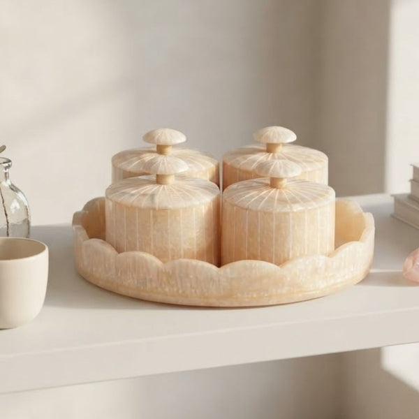 Wooden Resin Dry Fruit Container Set | 4 Airtight Jars with Tray | Modern Storage Solution