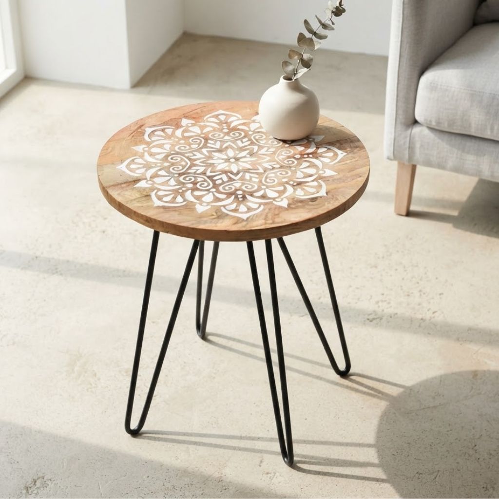Handcrafted Wooden Side Table with Metal Legs Pack of 2