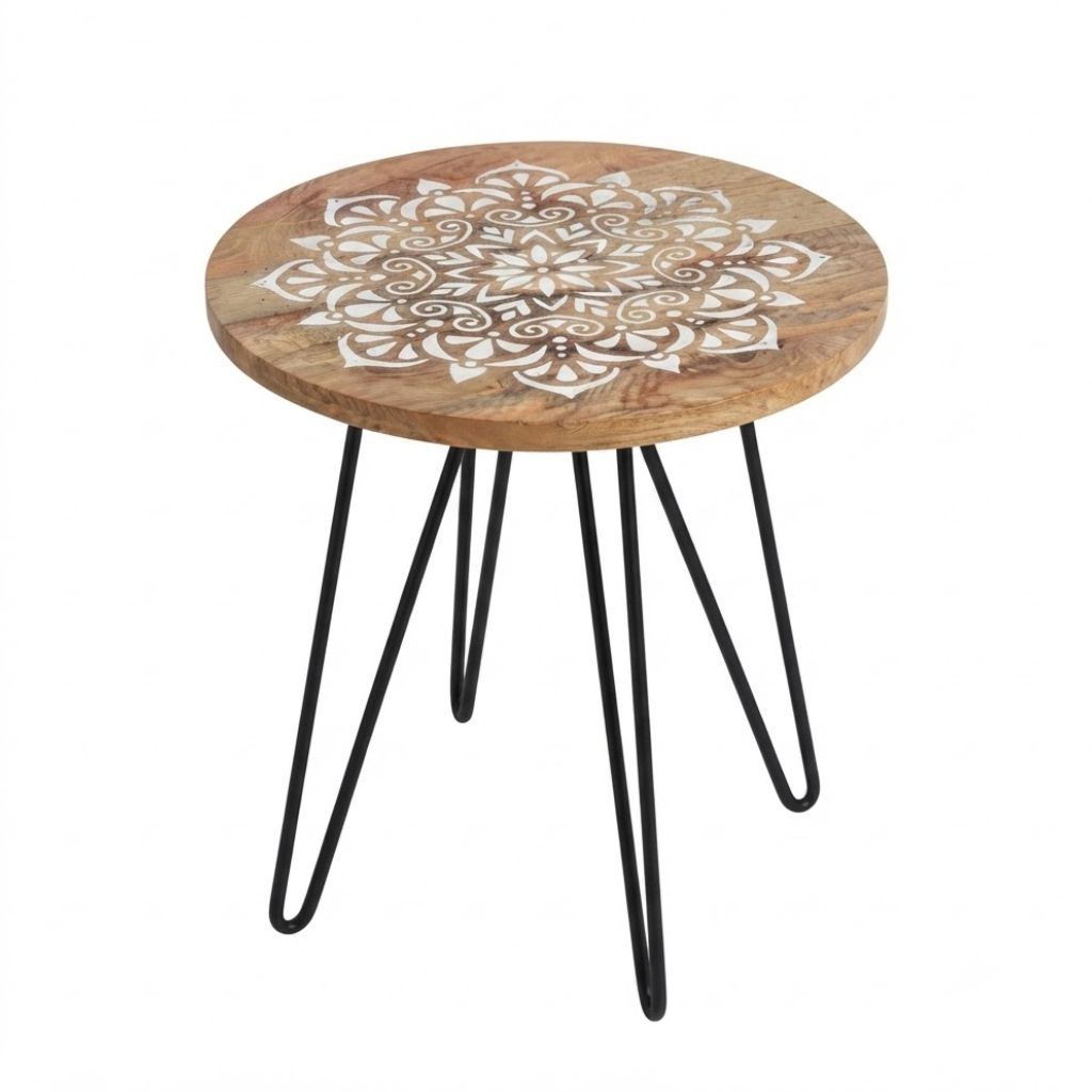 Handcrafted Wooden Side Table with Metal Legs Pack of 2