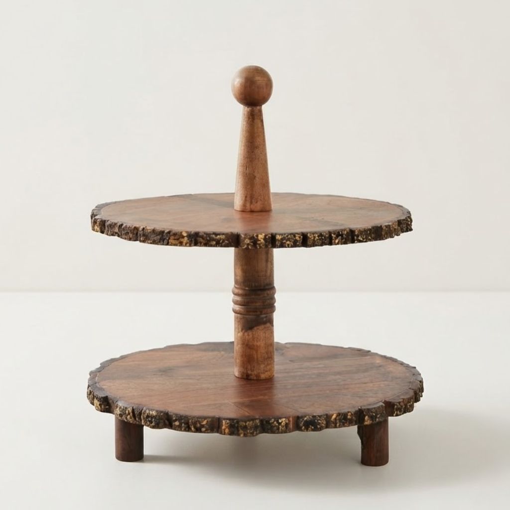 Wooden Multi Story Cake Stand, Dessert Serving Tray Platter,  Cake Cutting Holder, Cake Plate with Bark Pattern Tray Dessert Stand Cupcake Holder
