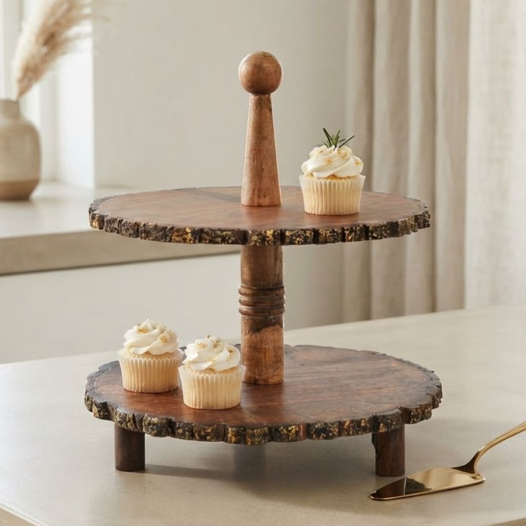 Wooden Multi Story Cake Stand, Dessert Serving Tray Platter,  Cake Cutting Holder, Cake Plate with Bark Pattern Tray Dessert Stand Cupcake Holder