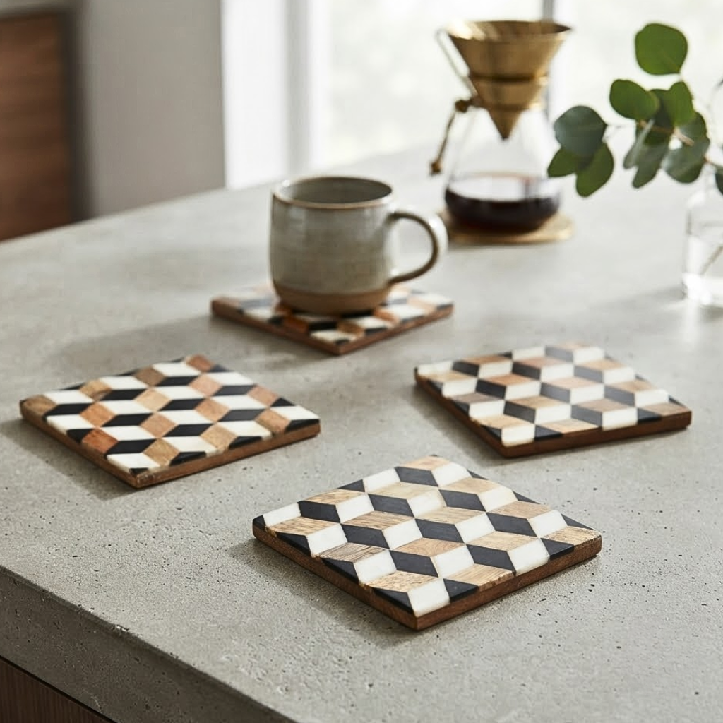 Resin Wooden Coaster(Black and white geometrical Resin)