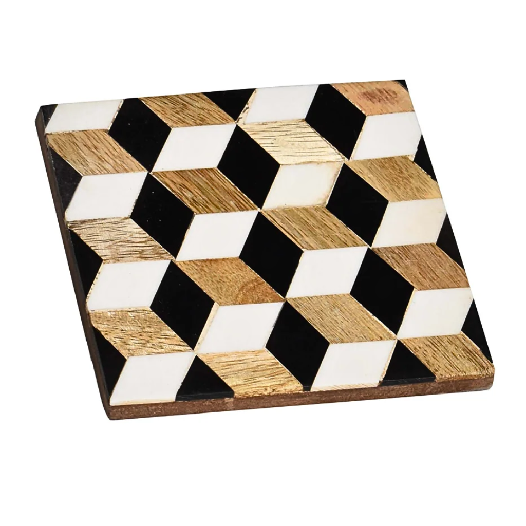 Resin Wooden Coaster(Black and white geometrical Resin)