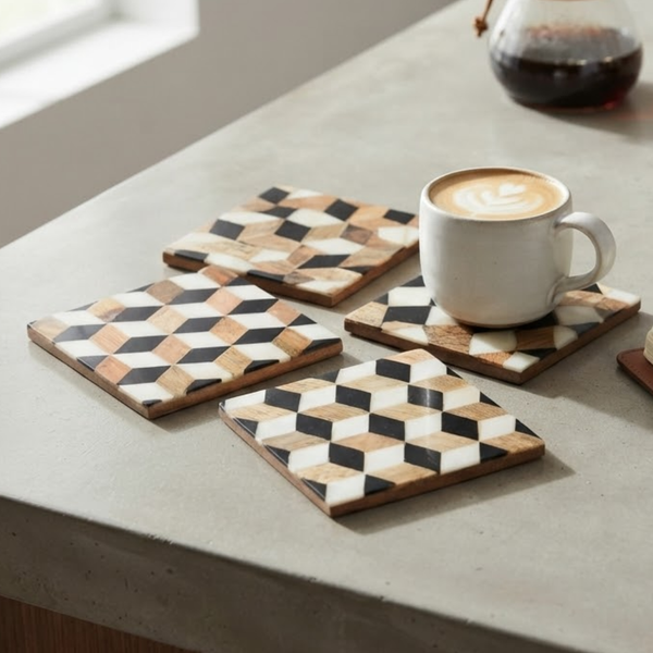 Resin Wooden Coaster(Black and white geometrical Resin)