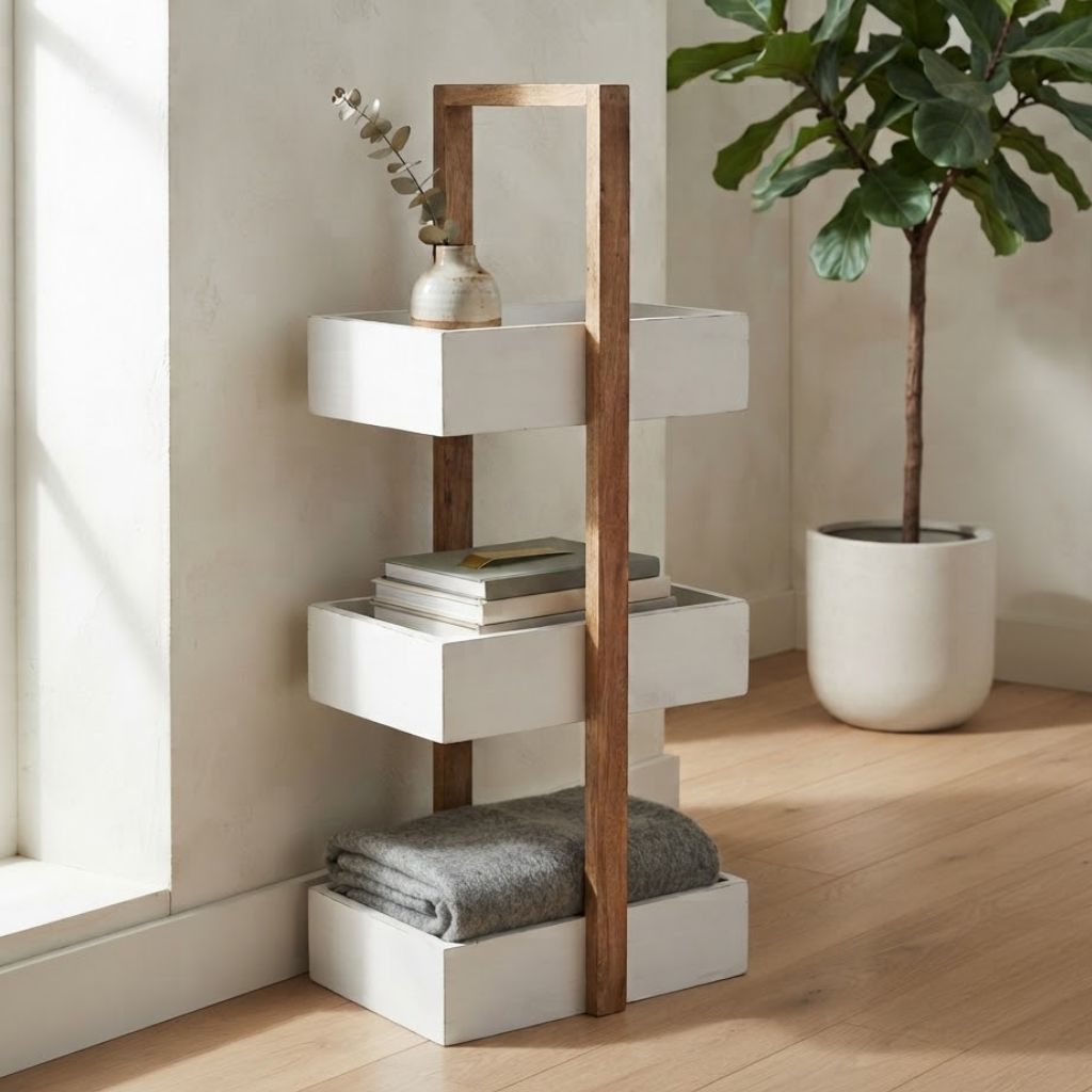 Straight white 3 Tiers Wooden Storage Organizer rack