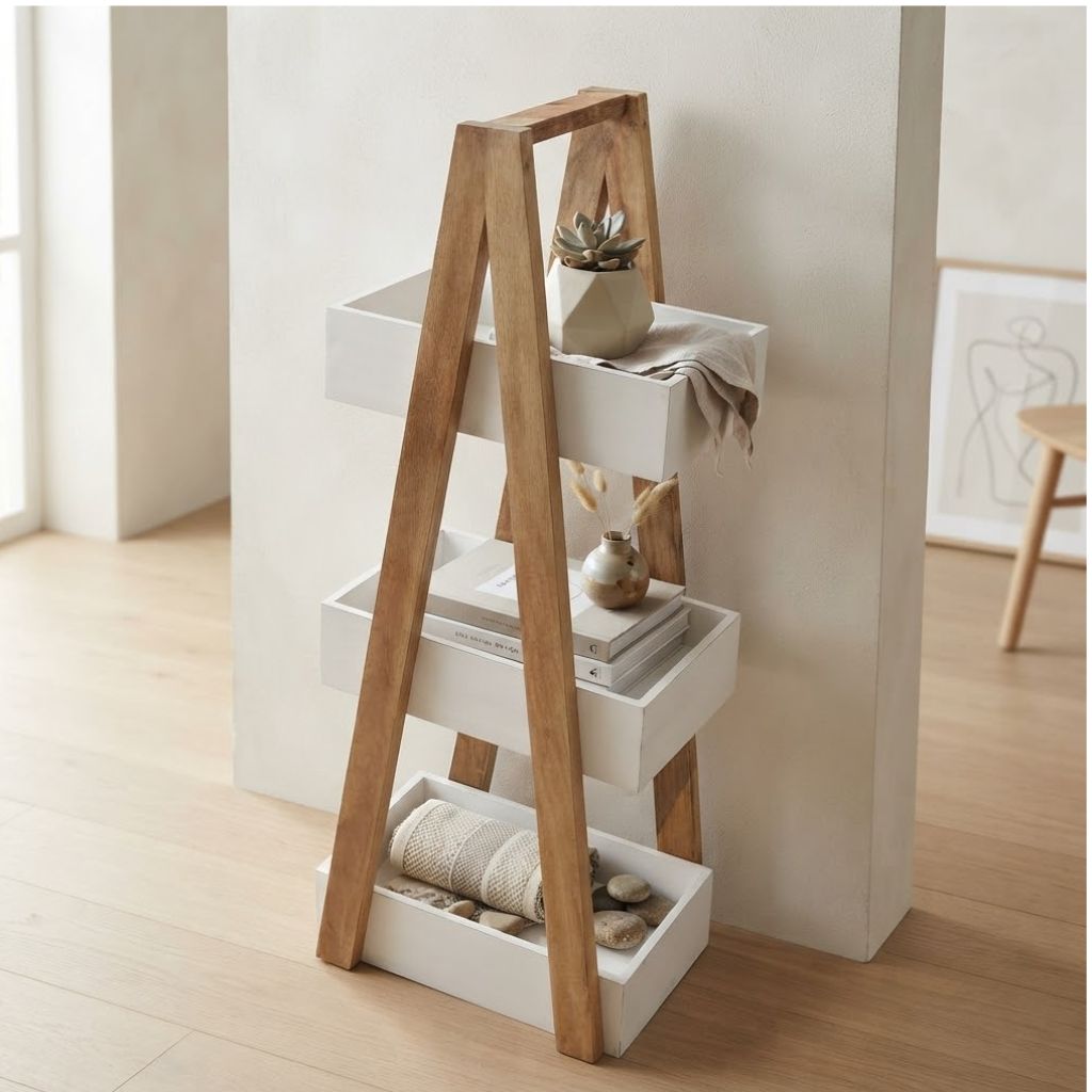 Triangular white 3 Tiers Wooden Storage Organizer Slim Rack Shelf
